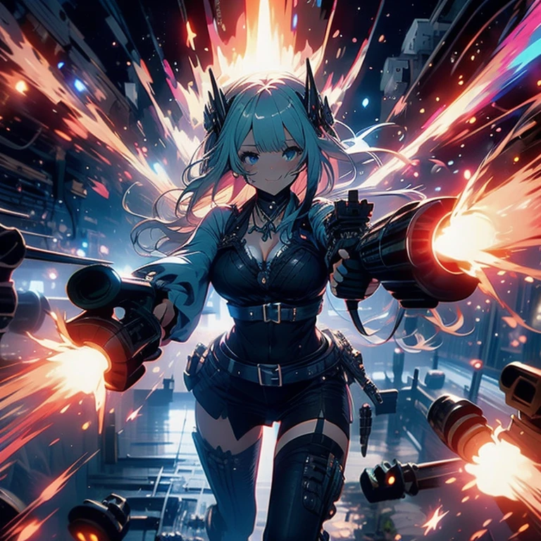 最high quality、best image quality、masterpiece、girl((20-year-old、 By becoming、vest bust、medium bust,wide open breast tea、shining eyes, light blue hair、long hair、thin,highest valley、ponytail、action of looking up、full body bandage、Black and white suit、Rear view、emphasize the buttocks)),high quality、beautiful art、background((Near future、Machine area、energy field))、Flight、debris flies、Depth of written boundary、movie、visual art、perfect art、8k,genuine、