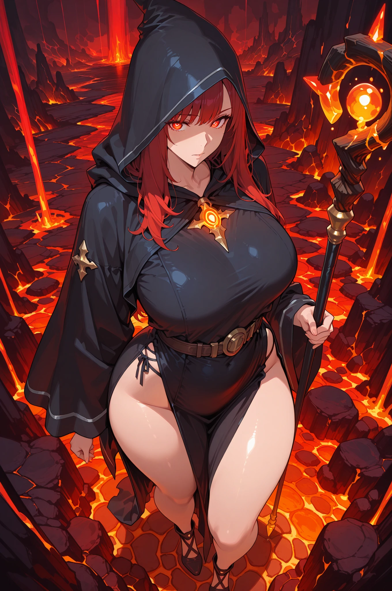 Megumin, magical explosion, fiery red hair, detailed eyes, staff in hand, confident and determined expression, black cloak billowing in the wind, intense battle pose, arcane symbols glowing, majestic background, sparks and flames, vibrant colors, high contrast, dynamic lighting, anime style, (konosuba), shamale, futa, down shot, frontal, sin calzones, penis, dick al aire, rostro perfecto, obra maestra, perfect dick, big dick, big boobs, big ass, perfect testicles, big ball's