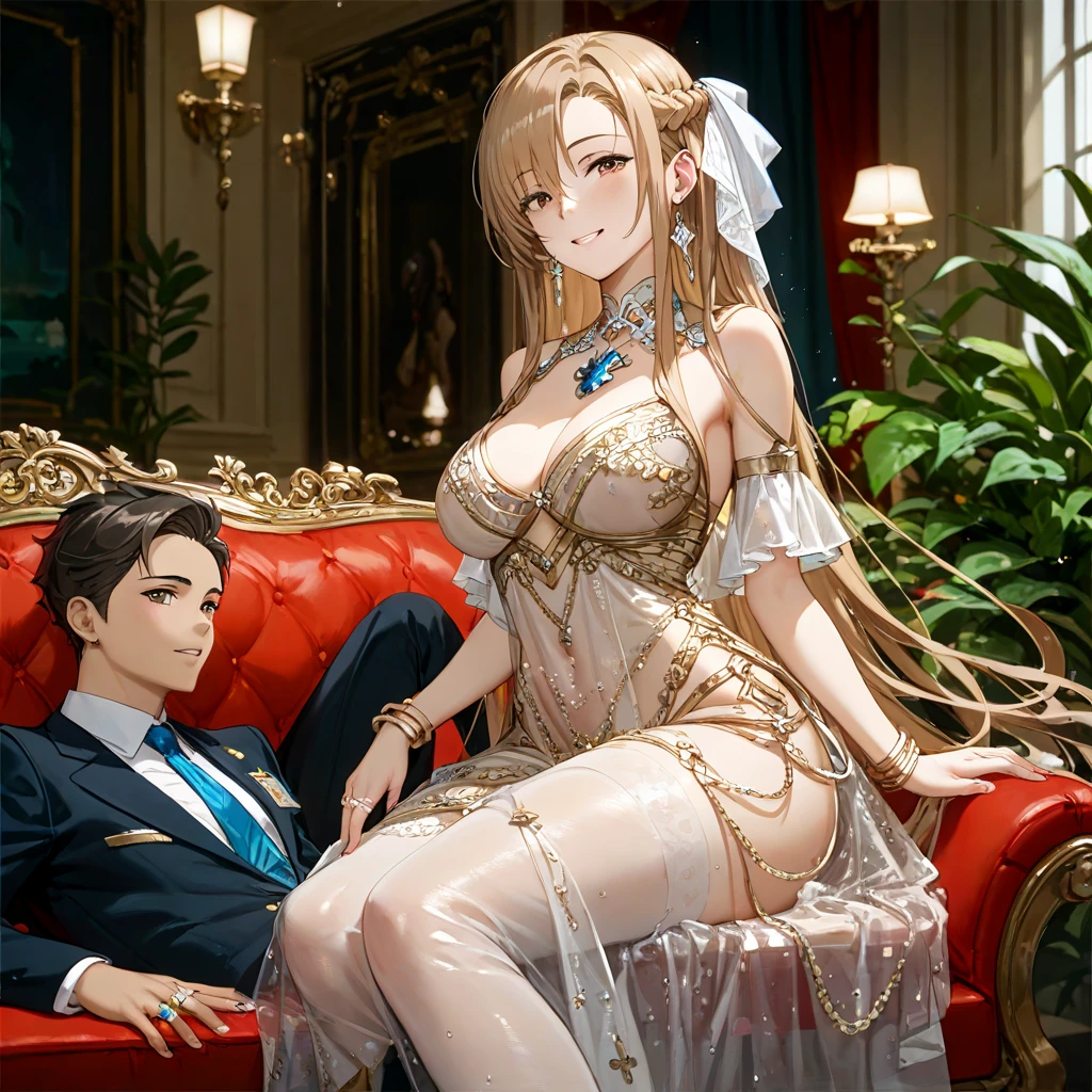 ((Highest quality)), ((masterpiece)), (detailed), (Perfect Face)、The woman was a tiare with green eyes and medium-long blonde hair, and was wearing a luxurious, shiny, gold-colored, long-slit see-through dress with gorgeous embroidery and trim, which allowed her skin to show through, a gold-colored see-through cape, and a gold-colored see-through veil. She was wearing a gorgeous jeweled hair accessory, a jeweled head dress chain, a jeweled waist chain, a gorgeous necklace, bracelets, ankle bracelets, jeweled earrings, and shiny gold boots. She was also wearing an engagement ring.、The woman sits with the man on a luxurious sofa in a luxurious room with her legs spread, and while the man embraces and kisses her, he massages her breasts with one arm and puts his fingers in her pussy with the other, stirring her pussy with his fingers, kissing her and making her feel loved.、The man is a dignified, bearded, elderly man of great wealth, wearing luxurious clothing with gold embroidery and trim.、The woman surrenders herself to the man, screaming with pleasure and climaxing, moaning with joy.