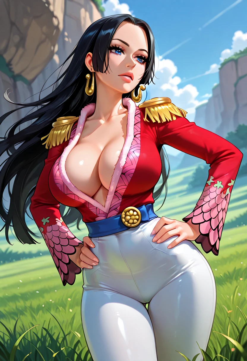 (masterpiece, best quality:1.2), cowboy shot, solo, 1girl, boa hancock, smile, looking at viewer, hand on hip, cape, epaulettes, cleavage, jewelry, earrings, midriff,NSFW,official art,extremely detailed CG unity 8k wallpaper, perfect lighting, (masterpiece:1.0),(best_quality:1.0), ultra high res,4K,ultra-detailed, photography, 8K, HDR, highres, absurdres:1.2, Kodak portra 400, film grain, blurry background, bokeh:1.2, lens flare, (vibrant_color:1.2),(beautiful_face:1.5),(narrow_waist),(perfect hands, perfect anatomy),