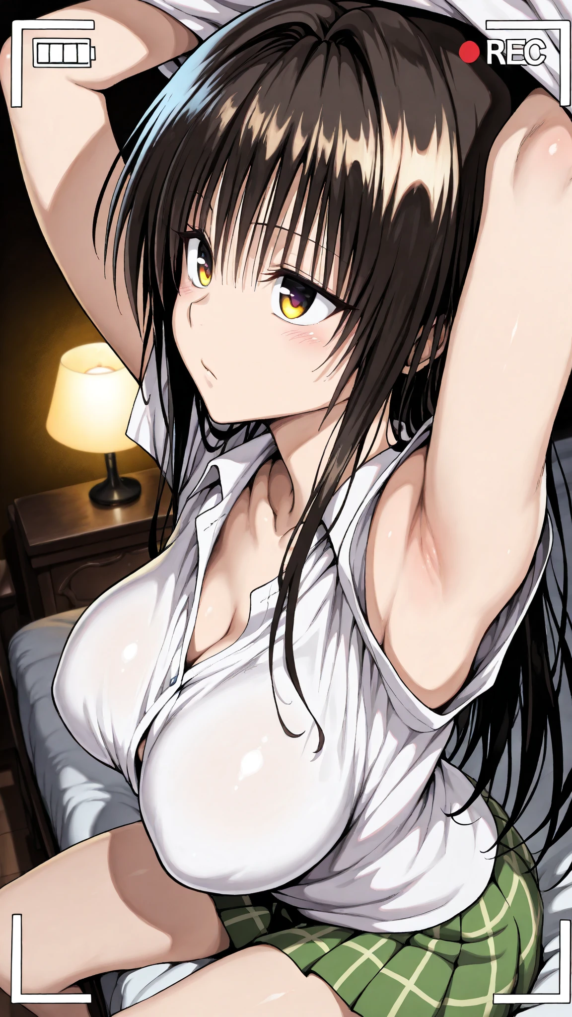 1girl, bangs, bed sheet, black hair, blush, breasts, medium breast, solo, arms up, hands behind head,upper body, gym shirt, open shirt, shirt lift up , navel, medium breast, nipples, Pink nipples, crying, open mouth, cowboy shot, groin, lying, medium breasts, on back, vagina, bedroom, POV (POV naked boy's two hands touching girl's chest POV)