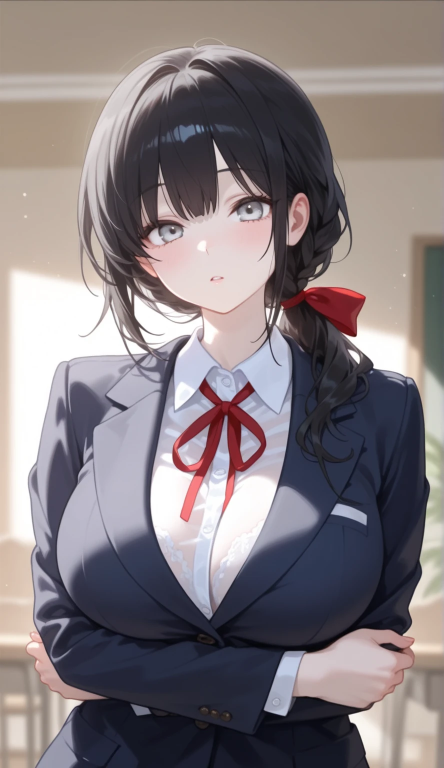 (masterpiece、Highest quality、Very detailed))、One mature woman、Black Hair、single braid、Grey Eyes、blush、smile、((Very large breasts))、((Collared shirt))、A bow tie、blazer、((plaid miniskirt))、((Thick waist))、Cowboy Shot、Bedroom Background