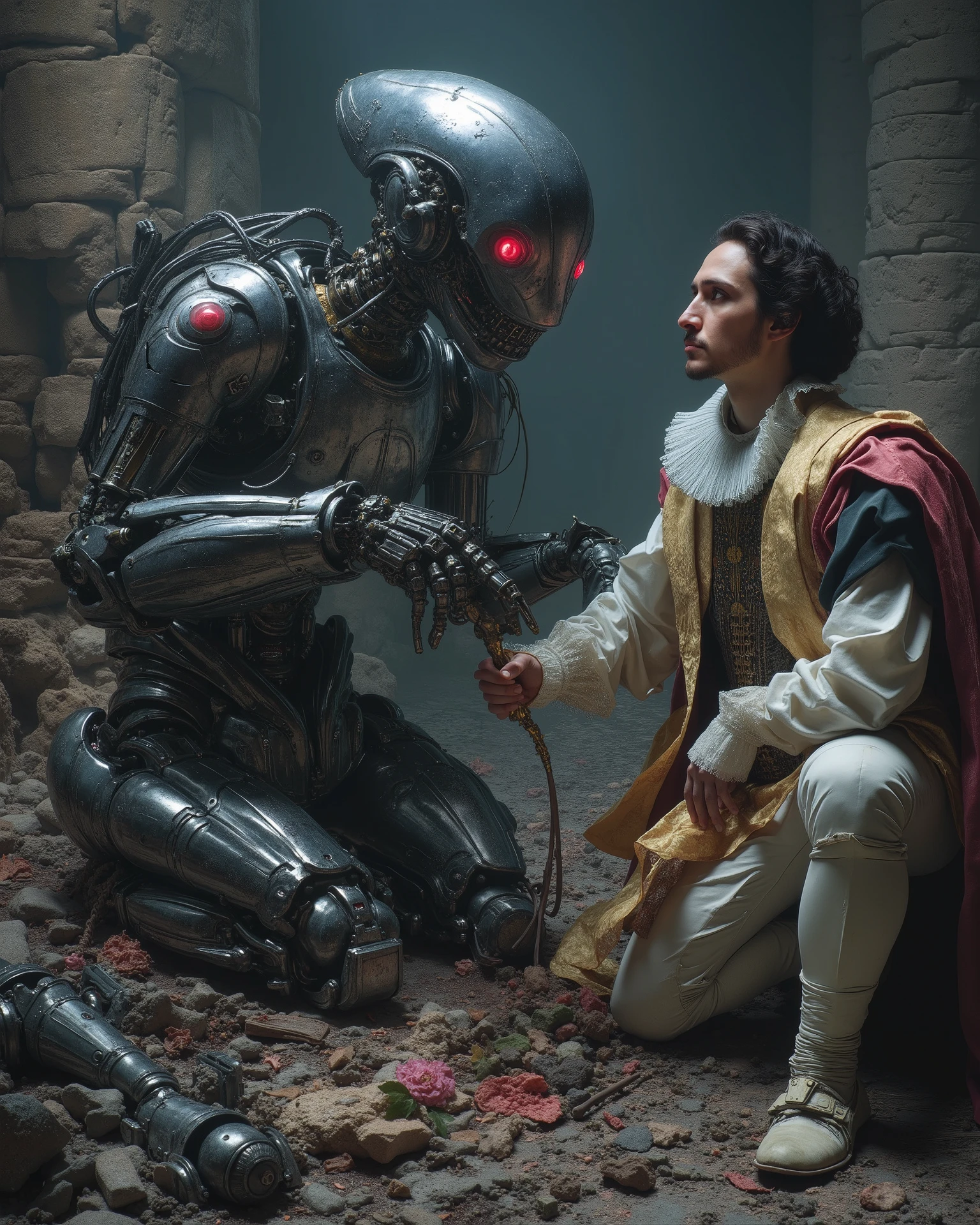 an impressive robot is armed with brilliant futuristic mechanical tools, pieces and mechanical leftovers scattered, listo to repair un enorme androide. Imposing and sinister machines of the year loom around her 3000, to repair, huge spider-shaped drones with metallic limbs and bright red eyes, separated into pieces. The contrast between Cervantes' classic attire and the imposing and advanced robots creates a strange visual tension. The stage is a dimly illuminated dystopian landscape with crumbling ruins of ancient castles juxtaposed against the elegant and cold metallic forms of the Alien technology. The atmosphere is heavy, } drenched in shadows and the eerie buzz of technology.