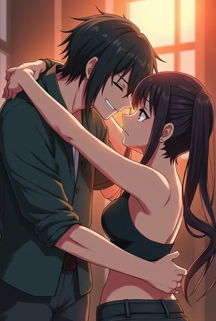 shinkai makoto, Kimi No Na Wa., 1 boy, Shaved head, , Boys are behind girls, Touching the chest, Rubbing breasts , grab, grabbing chest,chestgrab behind back, Remove your , Hold the , Embrace, Embrace, Kiss on the neck, One girl, Black Hair, Waterfall knitting, Red ribbon, Long Hair, Brown eyes, blue star necklace, Light Cardigan Pink, , Yellow shirt Open shift, belly button, White , White pants, cute, Open your mouth, whole body, Long sleeve, Cowboy Shot, masterpiece, On a date, Blushing, Bedroom, night, Sit on the bed , Shaved head,, are ,Armpit sweat,Shyness,clear,High exposure,Having my armpits licked,His arms are tied and he is hanging from a rope、30-year-old beautiful long-haired woman