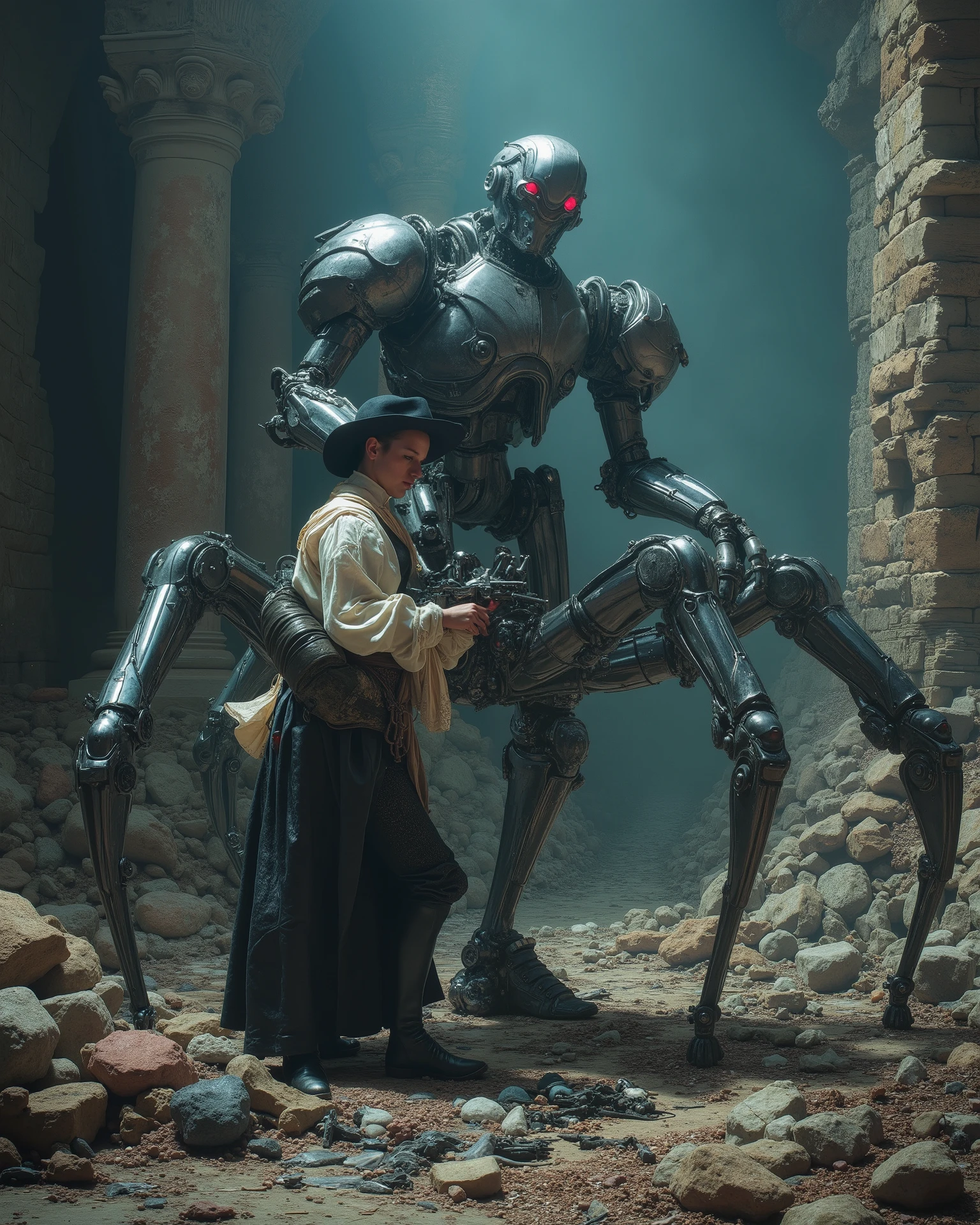 an impressive robot is armed with brilliant futuristic mechanical tools, pieces and mechanical leftovers scattered, listo to repair un enorme androide. Imposing and sinister machines of the year loom around her 3000, to repair, huge spider-shaped drones with metallic limbs and bright red eyes, separated into pieces. The contrast between Cervantes' classic attire and the imposing and advanced robots creates a strange visual tension. The stage is a dimly illuminated dystopian landscape with crumbling ruins of ancient castles juxtaposed against the elegant and cold metallic forms of the Alien technology. The atmosphere is heavy, } drenched in shadows and the eerie buzz of technology.