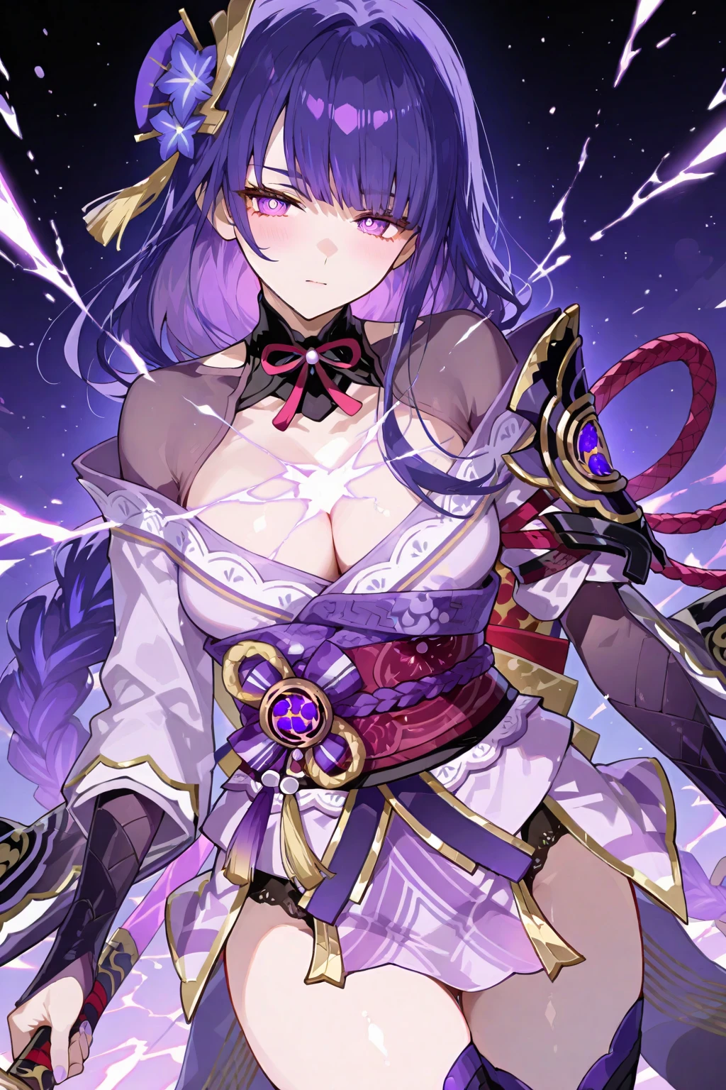 Keito。Purple Eyes。Purple Hair。Purple big axe。Amethyst hair accessory。Big Breasts。