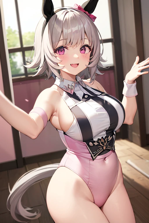 indoor,ro1, hair bun, smile, sadistic smile, arms behind head:1.4, navel, long hair:1.4, pantyhose,bra,large breasts,latex, raglan sleeves, pink bow, pink eyes, wavy hair,(top-quality), Realistic, (real picture, Intricate details), ((Japanese college girl squatting in casino, arms between legs)), ((playboy bunny, rabbit ears, black rabbit ears, fake rabbit ears, pantyhose, black pantyhose, bowtie, wrist cuffs, black leotard)), ((:1.4)), (blonde long hair:1.3, short bangs), (Neat face, parted lips), Fairer skin, hard lighting:1.3, roulette table, slot machine, full body shot,from below,sadistic smile,fishnet stocking,bright pink eyes,glowing eyes,