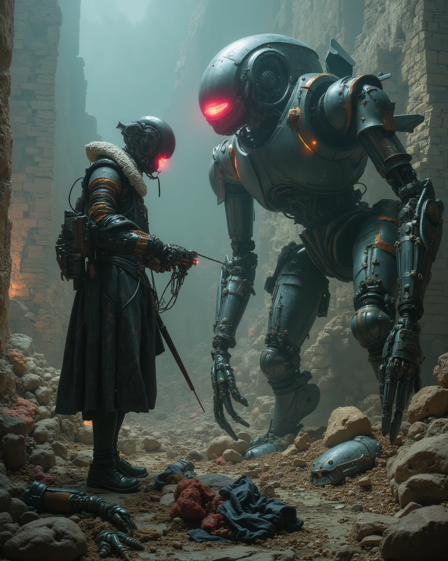 an impressive robot is armed with brilliant futuristic mechanical tools, scattered mechanical parts, listo to repair un enorme androide. Imposing and sinister machines of the year loom around her 3000, to repair, huge spider-shaped drones with metallic limbs and bright red eyes, separated into pieces. The contrast between Cervantes' classic FOREGROUND outfit and the impressive and advanced robots creates a strange visual tension. The stage is a dimly illuminated dystopian landscape with crumbling ruins of ancient castles juxtaposed against the elegant and cold metallic forms of the Alien technology. The atmosphere is heavy, } drenched in shadows and the eerie buzz of technology.