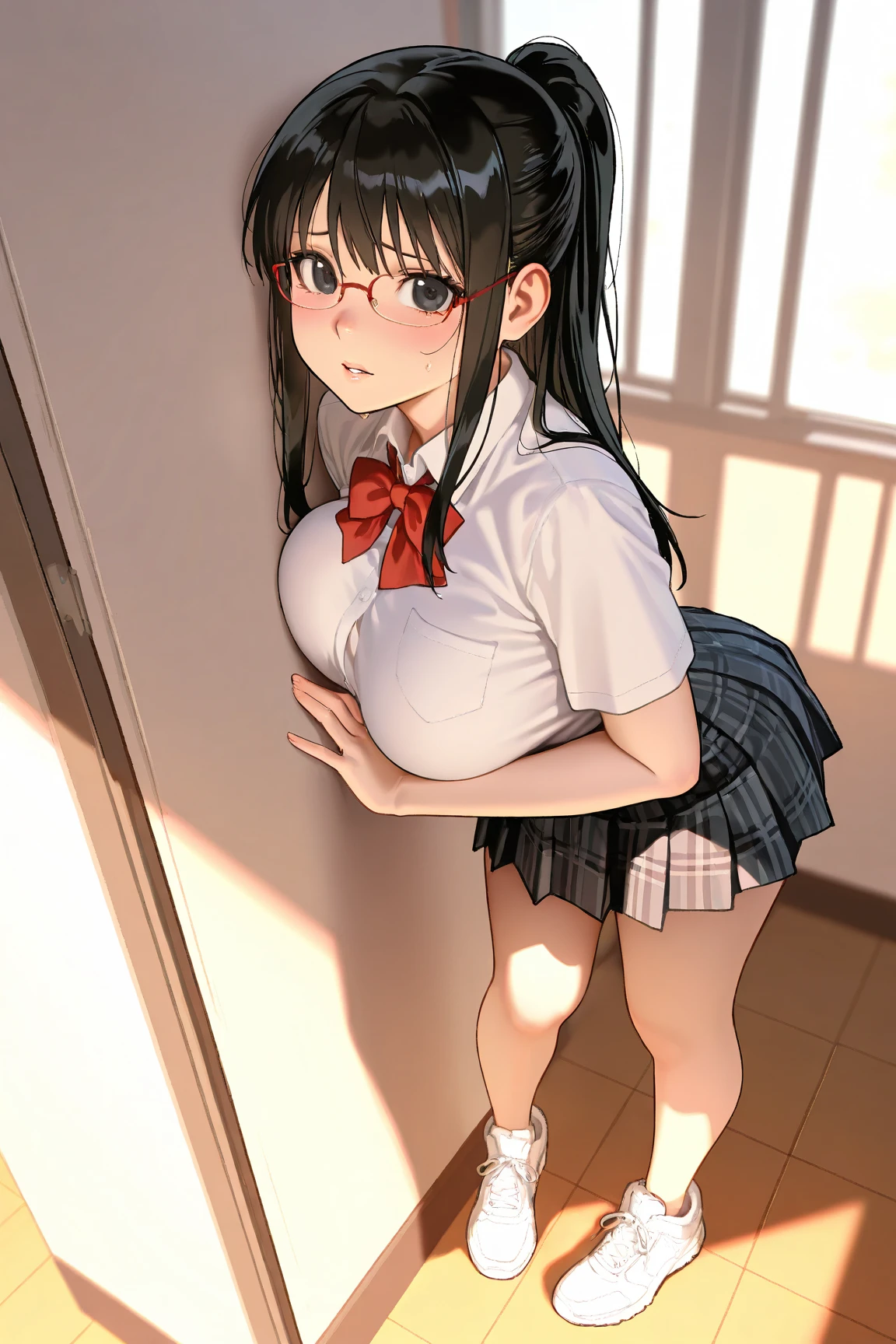 solo 1 girl standing with open legs, (school uniform), too short miniskirt, huge perky breasts, bursting breasts, short torso, inconceivably thin waist, lifting own skirt, thin long legs, nose blush, open mouth, nsfw, heavy breathing, show off squirting vagina for viewer