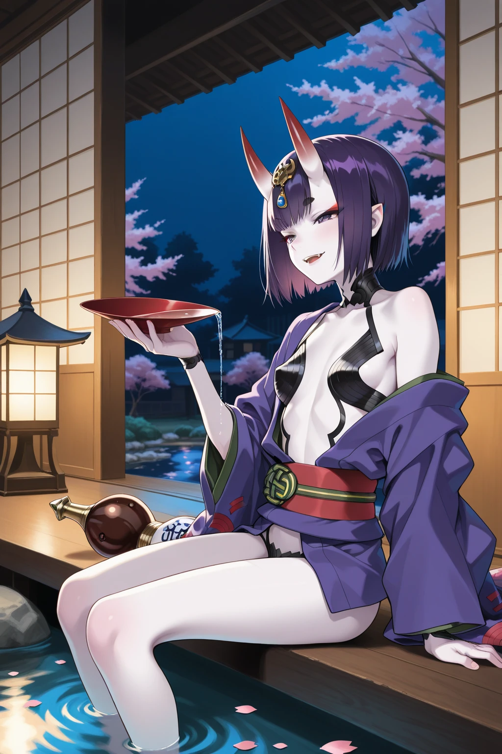 shuten douji,(Absurd, 8K, 4K, Tabletop, Extremely detailed:1.2), Highest quality, Perfect Anatomy,Perfect Face,Browsing Caution,Young girl,Purple eyes,Look forward,short hair,Purple Hair,(Devil horns:1.1),Purple kimono,(Very flat chest:1.3),in the forest,cherry blossoms,shrine, Nude, nsfw