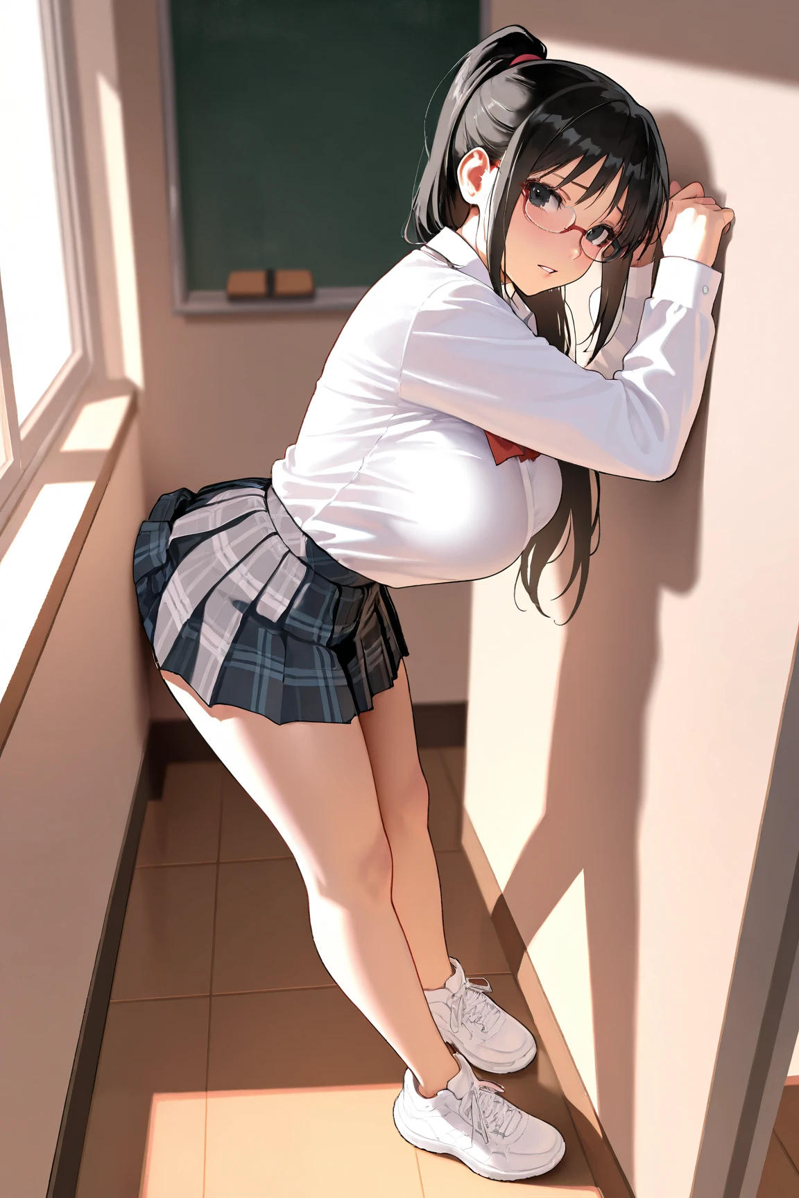 Solo, (1girl), single,  fluttering white collared shirt hem, swaying white collared shirt hem,  (pink panties), Sexy,  standing,  ((Hands between legs)), classroom, girl with：With a girl standing in front of a locker、hair is black and long,、Tied with a ribbon。The face is round and cute。It's below the knee。The shoes are black loafers。The girl had a surprised look on her face, Joy and emotions.、eyes wide open.、The mouth is wide open.、There were tears.、My cheeks are red.、 Overreaction：The girl's surprised expression was、Impossibly overreacting.、Drawn like a manga or anime。NP、Eyes, Mouth, Tears, Cheeks and hands are drawn large