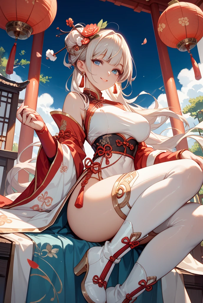 ningguang (genshin impact), 1girl, solo, long hair, breasts, looking at viewer, smile, bangs, large breasts, hair ornament, red eyes, dress, holding, bare shoulders, sitting, white hair, heart, thighs, detached sleeves, solo focus, looking back, from behind, white dress, blurry, chinese clothes, tassel, china dress, hand fan, pelvic curtain, hairpin, folding fan, holding fan