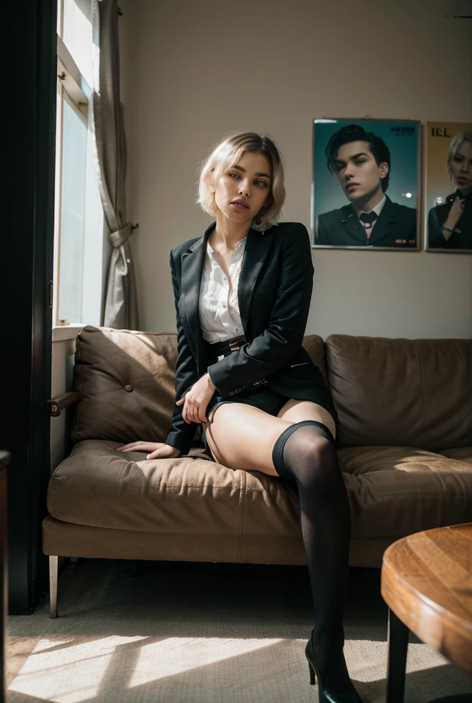 There was a woman sitting on the couch holding a magazine, lady in black coat and pantyhose, wearing a strict business suit, girl in a suit, wearing a strict business suit, Girl in suit, wearing a black noble suit, pantyhose tights, wearing a strict business suit, Surrealism female students, wearing headmistress uniform, nylon tights, Surrealism female students, 2b