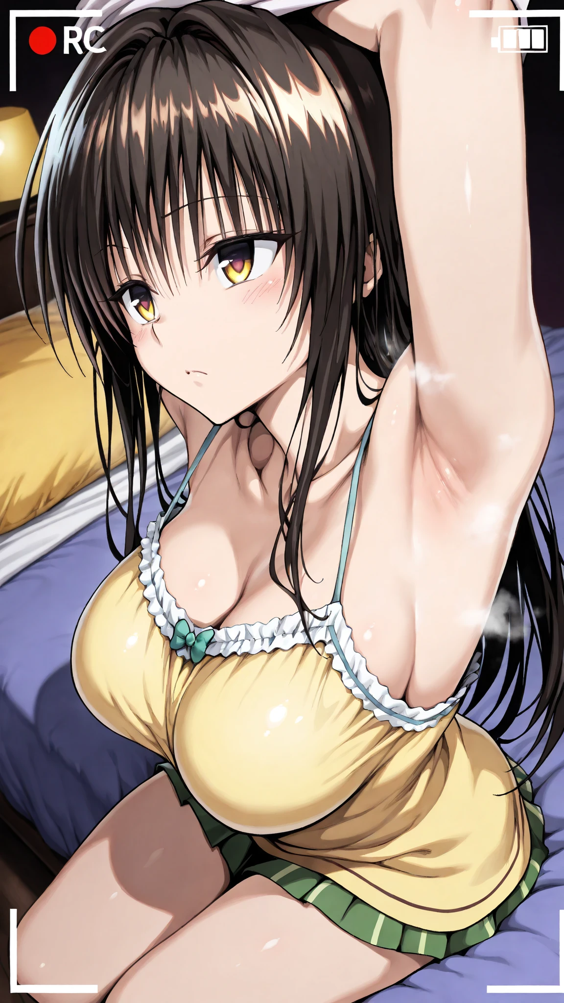 yellow underwear, yellow lace, Simple white background,clavicle, cleveage, black hair,Bangs,long_hair, 1 girl, 20 years,Young women,fair Finger,fair long legs,fair body, fair Nose,fair character design, perfect Eye, perfect Face,expressive Eye,Perfect balance, Looking at the audience,(Focus on her Face),Shut up, (Innocent_Large target_Eye:1.0),(Light_Smile:0.3), official art,Extremely detailed CG unified 8k wallpaper, Perfect lighting,rich and colorful, bright_front_Face_Lighting,White skin, (masterpiece:1.0),(the best_quality:1.0), Ultra-high resolution,4K,Super detailed , 8k, HDR, high resolution, absurd:1.2, Kodak Portrait 400, Film Grain, Blurred background, Bokeh:1.2, 镜头Light晕, (Energetic_color:1.2),Professional photographer, (fair,Large target_breast:1.4), (fair_Face:1.5),(narrow_waist)