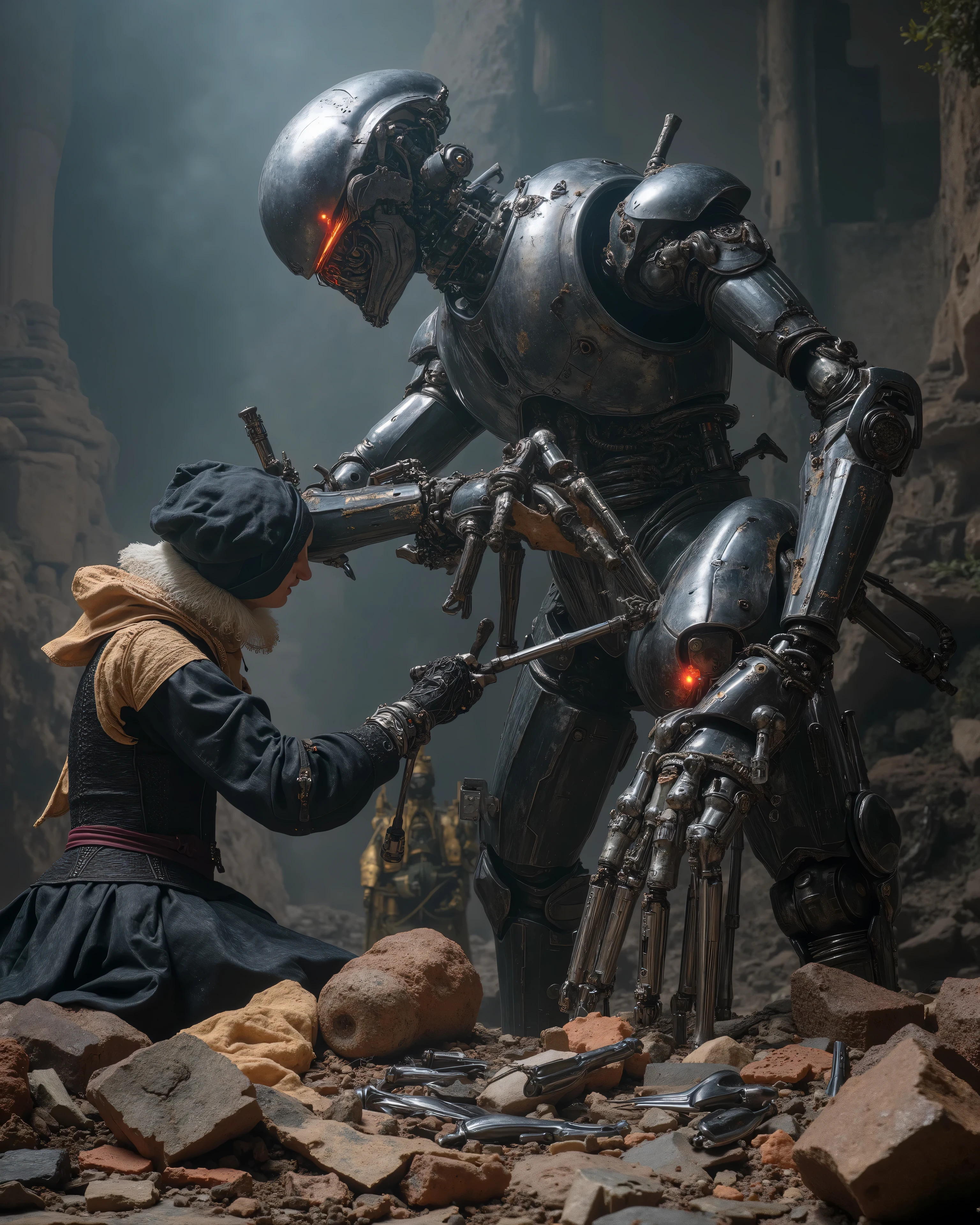 an impressive robot is armed with brilliant futuristic mechanical tools, pieces and mechanical leftovers scattered, listo to repair un enorme androide. Imposing and sinister machines of the year loom around her 3000, to repair, huge spider-shaped drones with metallic limbs and bright red eyes, separated into pieces. The contrast between Cervantes' classic attire and the imposing and advanced robots creates a strange visual tension. The stage is a dimly illuminated dystopian landscape with crumbling ruins of ancient castles juxtaposed against the elegant and cold metallic forms of the Alien technology. The atmosphere is heavy, } drenched in shadows and the eerie buzz of technology.