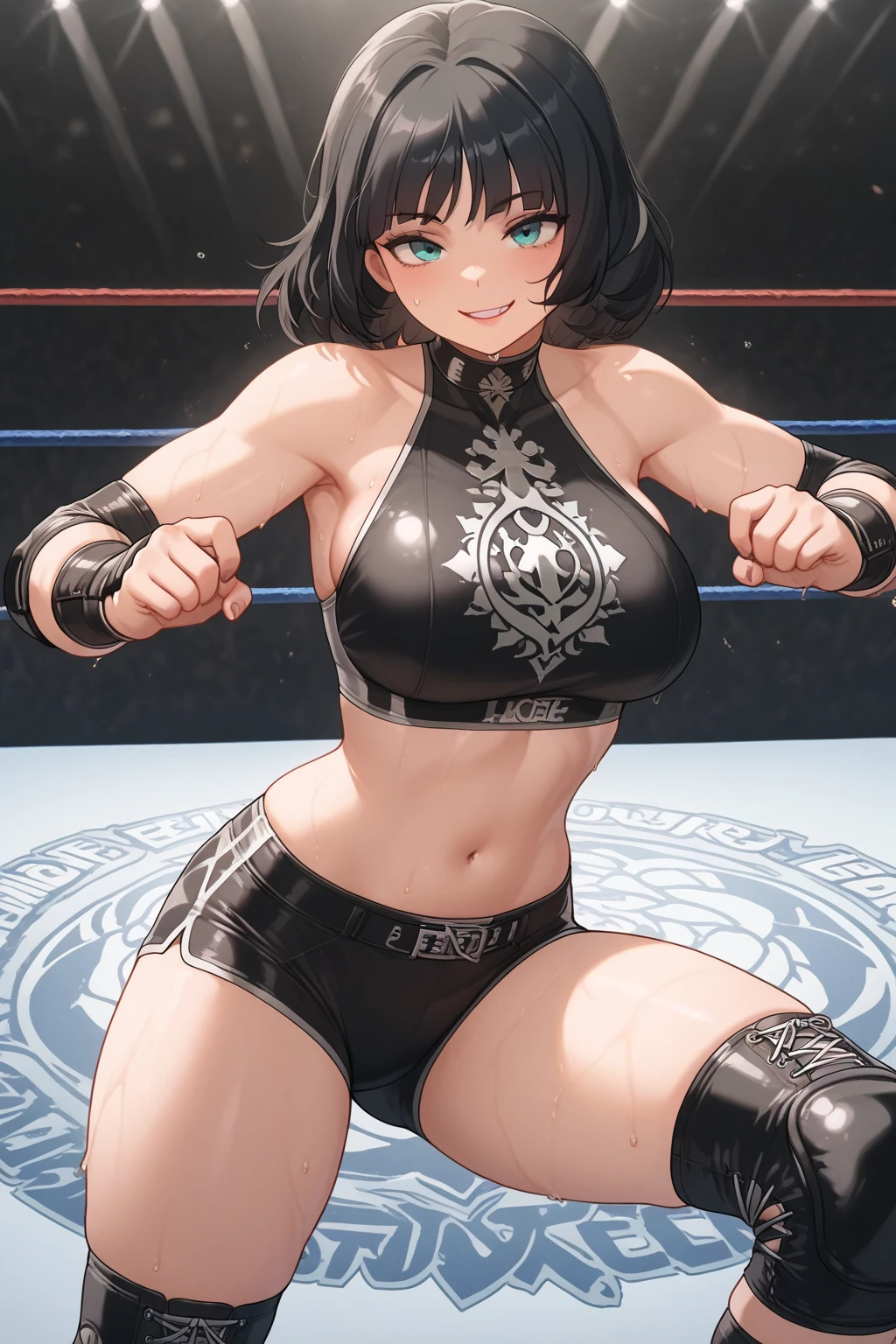masterpiece, best quality, ninShamir, headband, armor, choker, japanese clothes, sash, fingerless gloves, black shorts, fishnets, black thighhigh, large breasts, looking at viewer, furrowed brow, smile, ((Tight leotard)), ((sexy fight pose)), ((Wrestling ring))
