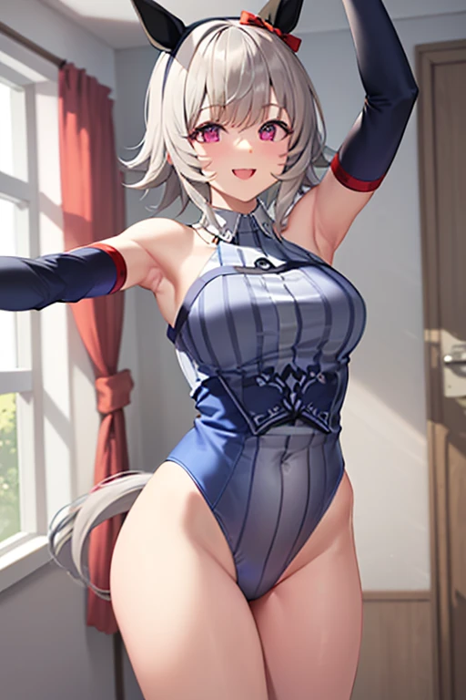 1girl, solo, A woman with silvery bob hair and blue eyes, Wearing sexy panties, She looks down on the viewer with a cute smile, Highly detailed and realistic, masterpiece quality, Very detailed, High resolution, Studio Lighting, Vibrant colors, Physically Based Rendering, Thick and muscular thighs, Beautiful muscular thighs, Very strong wrestler, Attractive big ass,