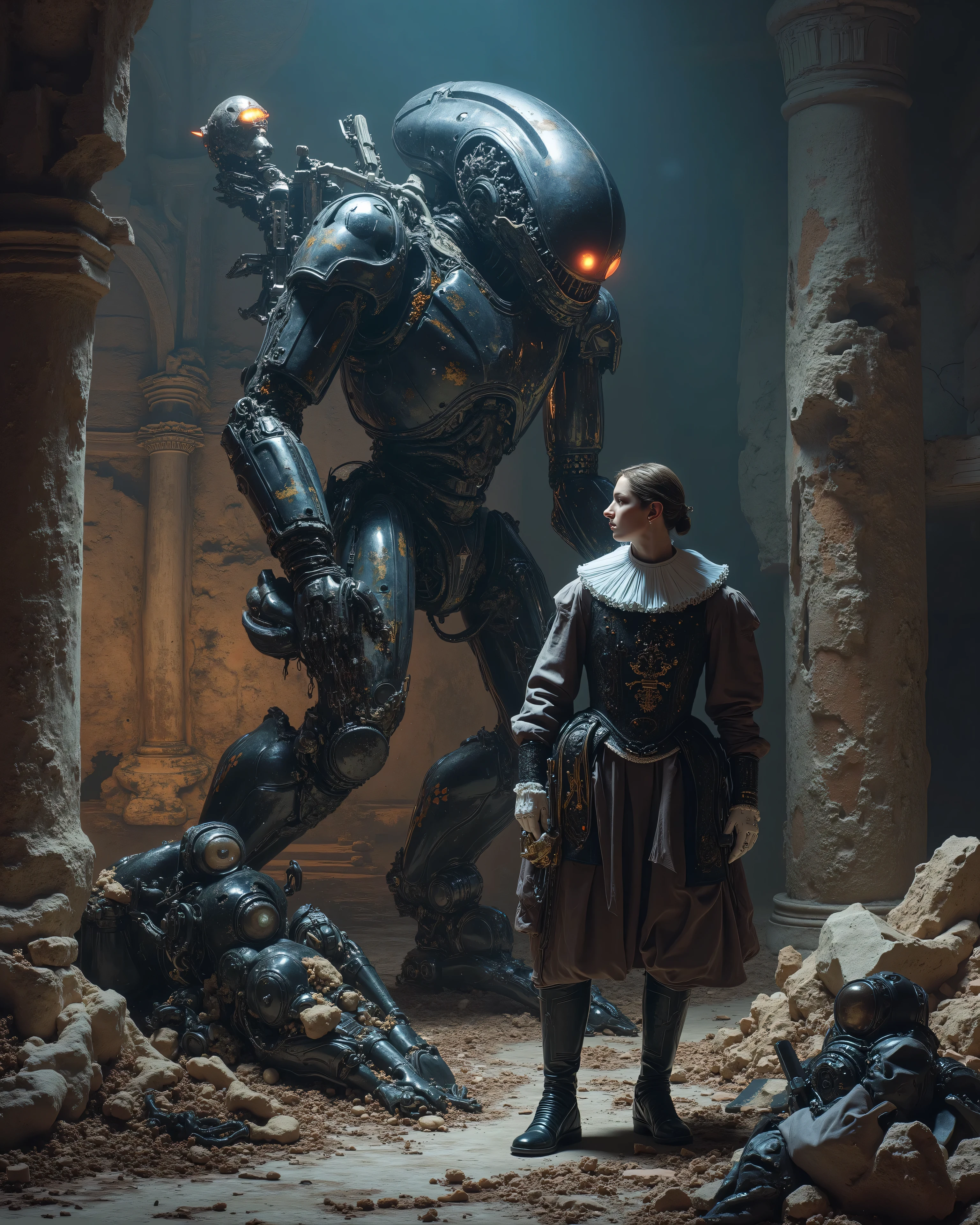 an impressive robot is armed with brilliant futuristic mechanical tools, pieces and mechanical leftovers scattered, listo to repair un enorme androide. Imposing and sinister machines of the year loom around her 3000, to repair, huge spider-shaped drones with metallic limbs and bright red eyes, separated into pieces. The contrast between Cervantes' classic attire and the imposing and advanced robots creates a strange visual tension. The stage is a dimly illuminated dystopian landscape with crumbling ruins of ancient castles juxtaposed against the elegant and cold metallic forms of the Alien technology. The atmosphere is heavy, } drenched in shadows and the eerie buzz of technology.