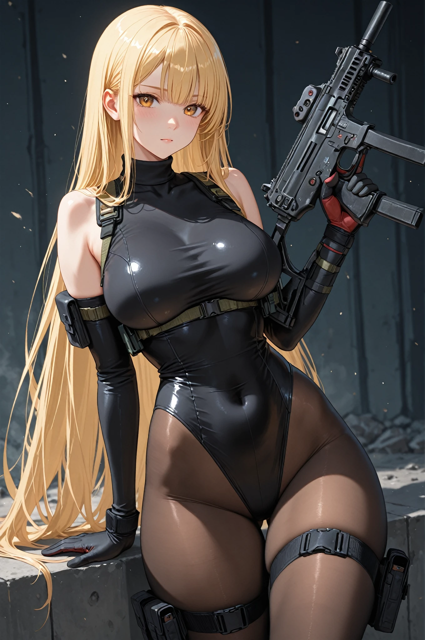 1girl,alone, Ai Hayasaka,masterpiece,best quality,high resolution,ultra detailed,dynamic pose,cowboy shot,detailed eyes,perfect fingers,perfect body,blue scrunchie,side ponytail,hair between eyes,blue eyes, blonde hair, hair topper, medium breasts, narrow waist, wide hips, wide thighs, ((Necklace with a cross, navel cutout, exposed navel, cleavage, long sleeves, jumpsuit, unzip black jumpsuit, tight jumpsuit, black gloves , smile, holding a gun, Gun, Pistol )),(indoor, classroom, leaning next to a desk, window, sunny), (standing ), tears, frowning, looking forward,((focus on breasts), pov (from the middle), perfect anatomy, perfect hands