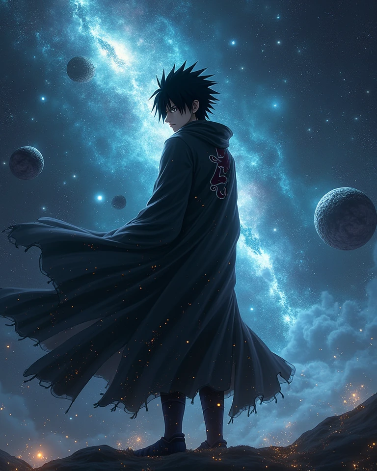 anime boy with a blue shirt is looking to his left, an anime drawing by Eizan Kikukawa, pixiv, serial art, handsome anime pose, Kentaro Miura art, anime portrait of a handsome man, Kentaro Miura manga art style, conrad roset and makoto shinkai, Kentaro Miura art style, anime handsome man、Handsome、profile、colorful、Lens flare、Looks smart、colorfulで幻想的な背景、Close-up、Concept Art、Two Block、Up Bang、all back、Perm、Brown Hair、Windblown hairstyle、Give on bangs、Put your hand on your chin、1boy