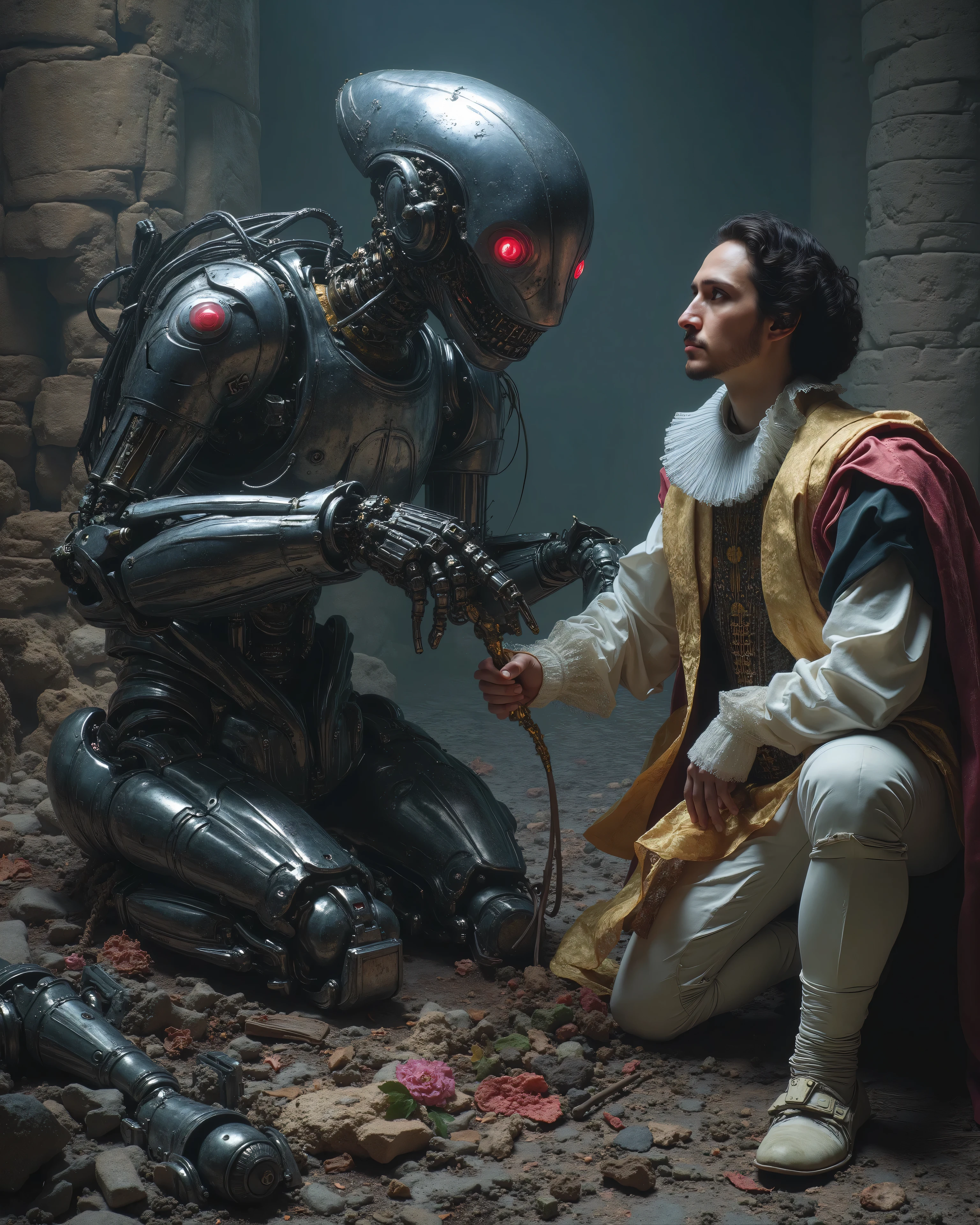 an impressive robot is armed with brilliant futuristic mechanical tools, pieces and mechanical leftovers scattered, listo to repair un enorme androide. Imposing and sinister machines of the year loom around her 3000, to repair, huge spider-shaped drones with metallic limbs and bright red eyes, separated into pieces. The contrast between Cervantes' classic attire and the imposing and advanced robots creates a strange visual tension. The stage is a dimly illuminated dystopian landscape with crumbling ruins of ancient castles juxtaposed against the elegant and cold metallic forms of the Alien technology. The atmosphere is heavy, } drenched in shadows and the eerie buzz of technology.