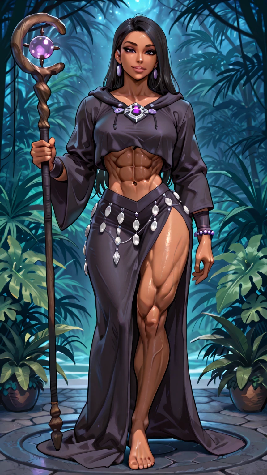 ((1woman)) whole body, standing, gray skin, drow, elf, 1 girl, maduro, purple eyes, by white, black bikini, ABS, Large knockers, tattered rags, chain collar, stomach tattoo (red tattoo)