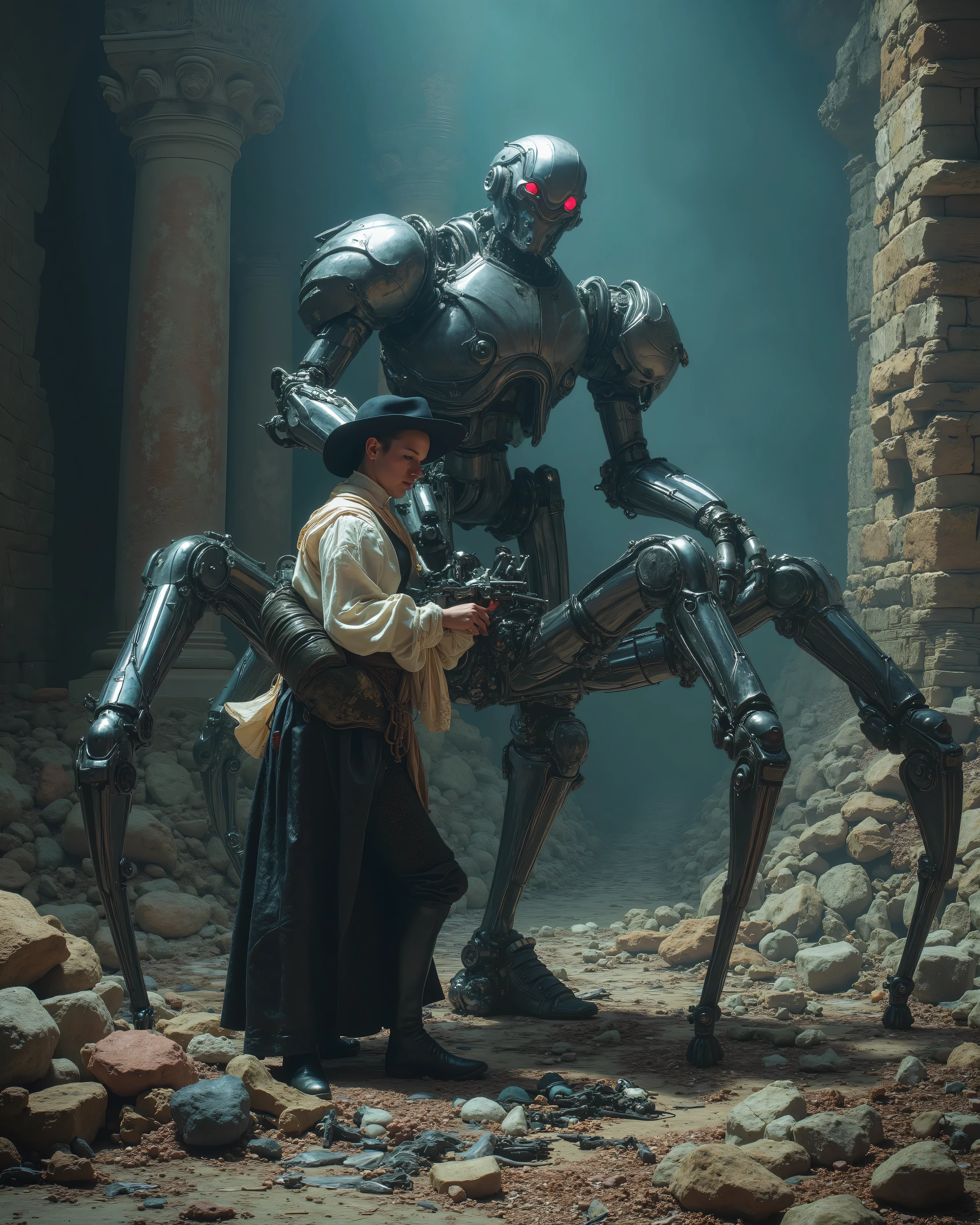 an impressive robot is armed with brilliant futuristic mechanical tools, pieces and mechanical leftovers scattered, listo to repair un enorme androide. Imposing and sinister machines of the year loom around her 3000, to repair, huge spider-shaped drones with metallic limbs and bright red eyes, separated into pieces. The contrast between Cervantes' classic attire and the imposing and advanced robots creates a strange visual tension. The stage is a dimly illuminated dystopian landscape with crumbling ruins of ancient castles juxtaposed against the elegant and cold metallic forms of the Alien technology. The atmosphere is heavy, } drenched in shadows and the eerie buzz of technology.