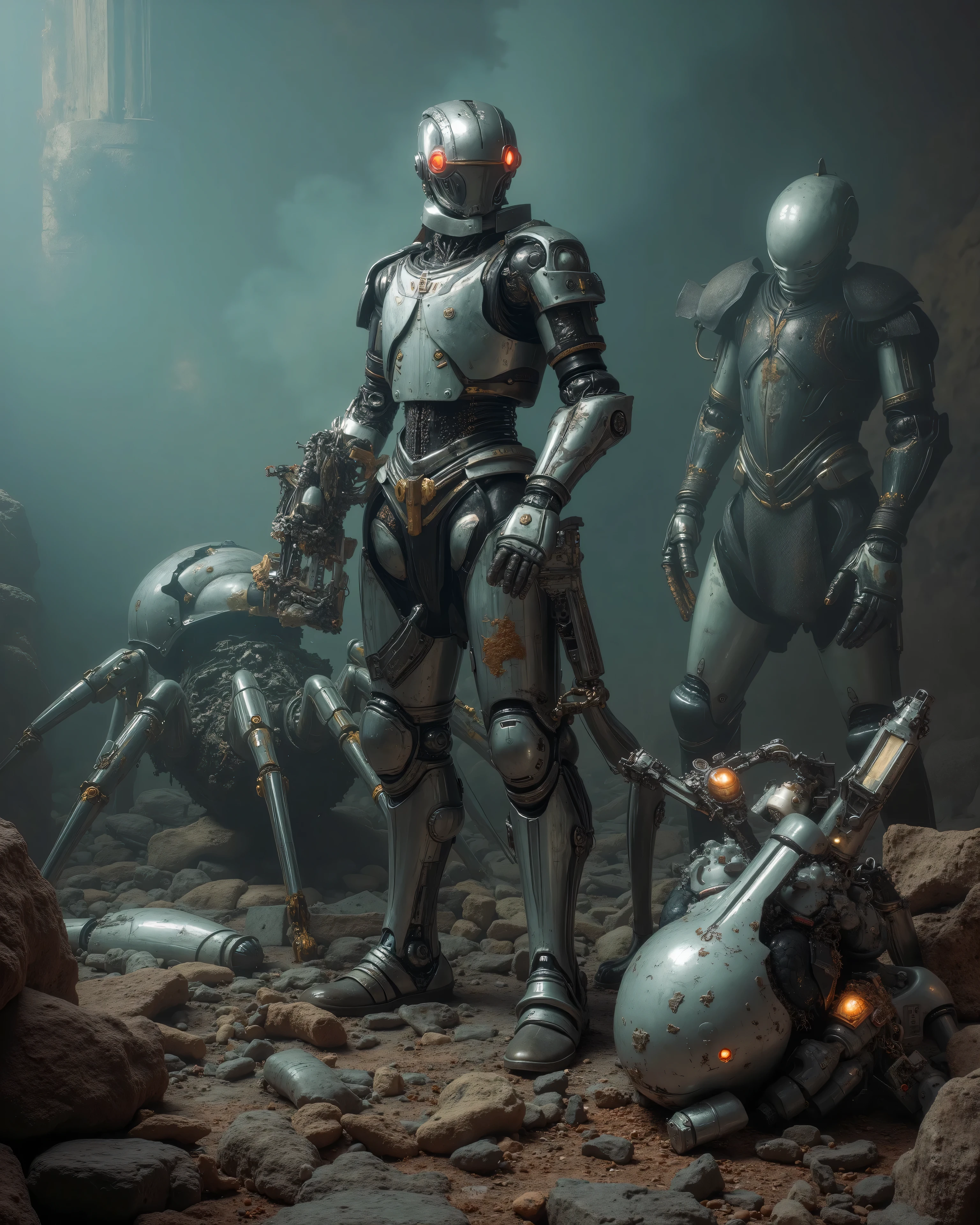 an impressive robot is armed with brilliant futuristic mechanical tools, scattered mechanical parts, listo to repair un enorme androide. Imposing and sinister machines of the year loom around her 3000, to repair, huge spider-shaped drones with metallic limbs and bright red eyes, separated into pieces. The contrast between Cervantes' classic FOREGROUND outfit and the impressive and advanced robots creates a strange visual tension. The stage is a dimly illuminated dystopian landscape with crumbling ruins of ancient castles juxtaposed against the elegant and cold metallic forms of the Alien technology. The atmosphere is heavy, } drenched in shadows and the eerie buzz of technology.