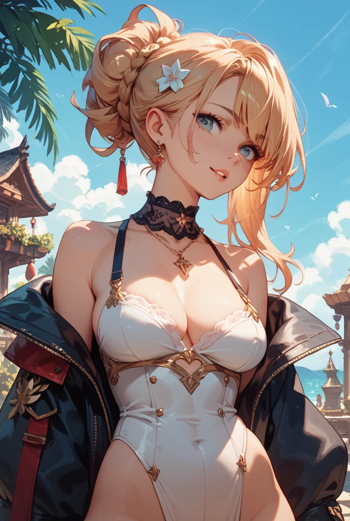 jean, jeangunnhildr, medium cut hair, hits, by rubio, yellow hair, hair ornament, (blue eyes:1.3), league, SMILE, SMILE, Thighs, gloves, neckline, earrings, black gloves, fingerless gloves, leather trim, english clothes, vision \(genshin impact\), REST outdoors, REST looking at the viewer, (cowboy shot:1.5), (Masterpiece:1.2), Best Quality, high resolution, unity wallpaper 8k, (illustration:0.8), (Beautiful detailed eyes:1.6), extremely detailed face, perfect lighting, Extremely detailed CG, (perfect hands, perfect anatomy),