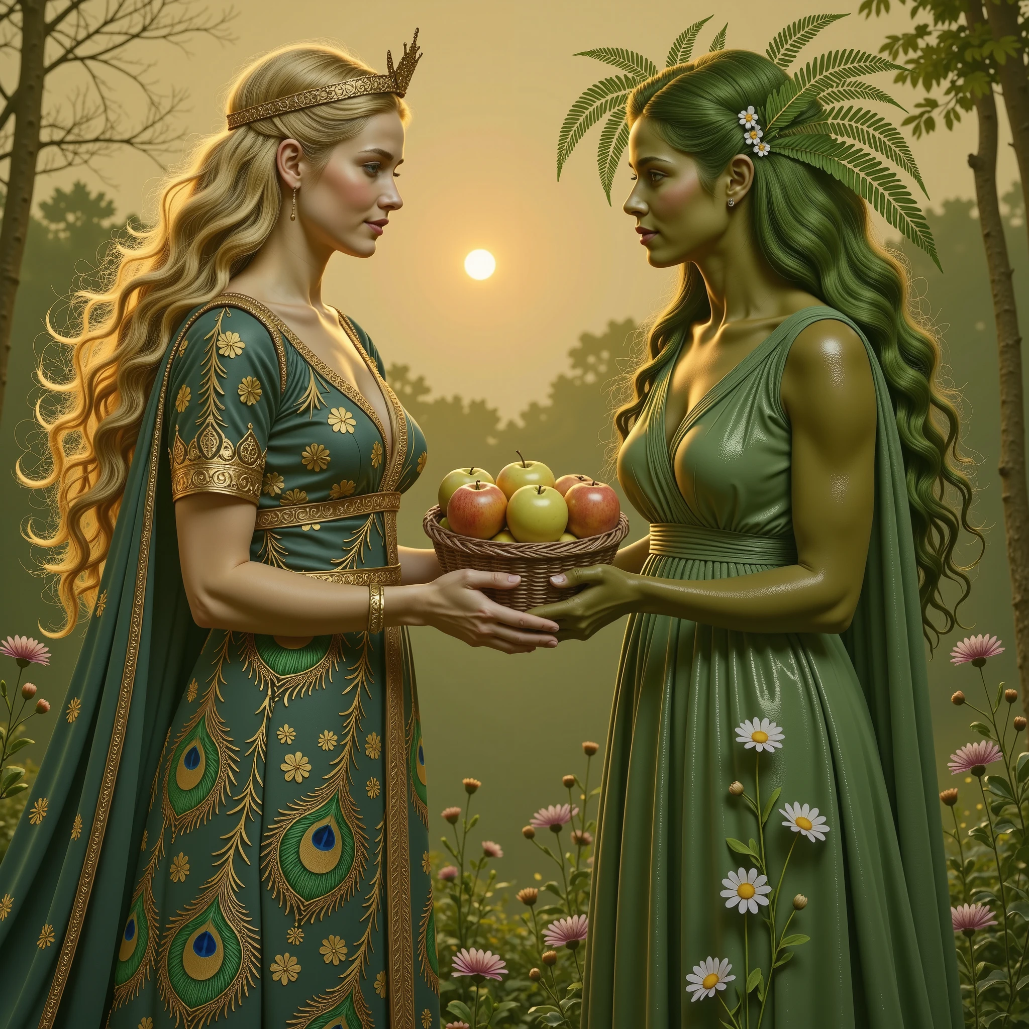In a celestial garden bathed in soft golden light, Hera, Queen of the Gods, and Gaia, Titan of Earth, stand face to face with regal elegance and equal stature. Hera wears a flowing royal gown adorned with peacock feathers and gold embroidery, exuding divine authority. Gaia is dressed in a flowing robe, her verdant hair intertwined with blooming flowers. Between them, Gaia offers Hera a woven basket of golden apples, glowing with ethereal power. Their expressions are warm and solemn, personifying cosmic harmony.
Mist swirls gently at their feet. The interplay of light and shadow enhances the emotional depth and divine serenity. Style: cinematic realism with Renaissance elegance, rich detail, and harmonious composition.