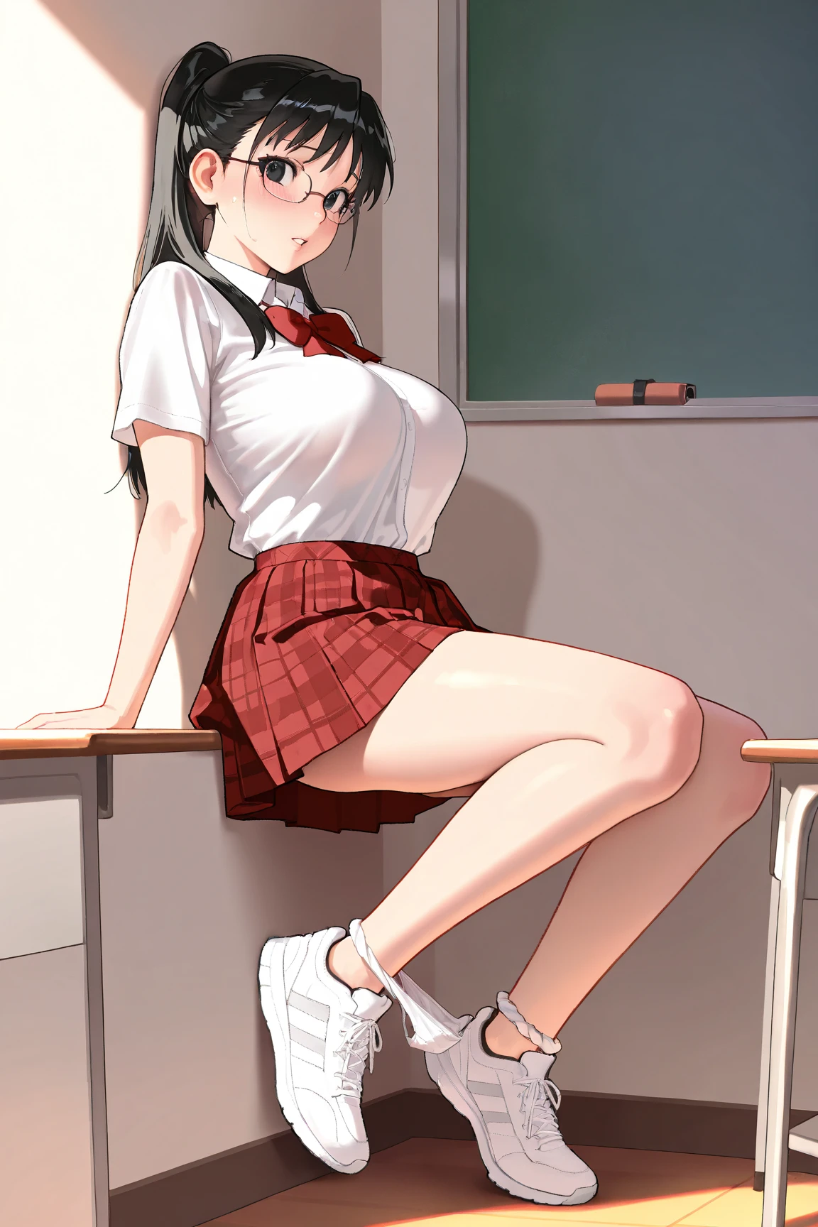( Beatiful sexy white socks ) , school shirt , ( big breasts ) , NSFW , tall legs , big thighs , smile , ( milf ) , HD , detailed eyes dark long hair , ( High waisted black skirt ), 18-years old , wide angle , classroom , tall body