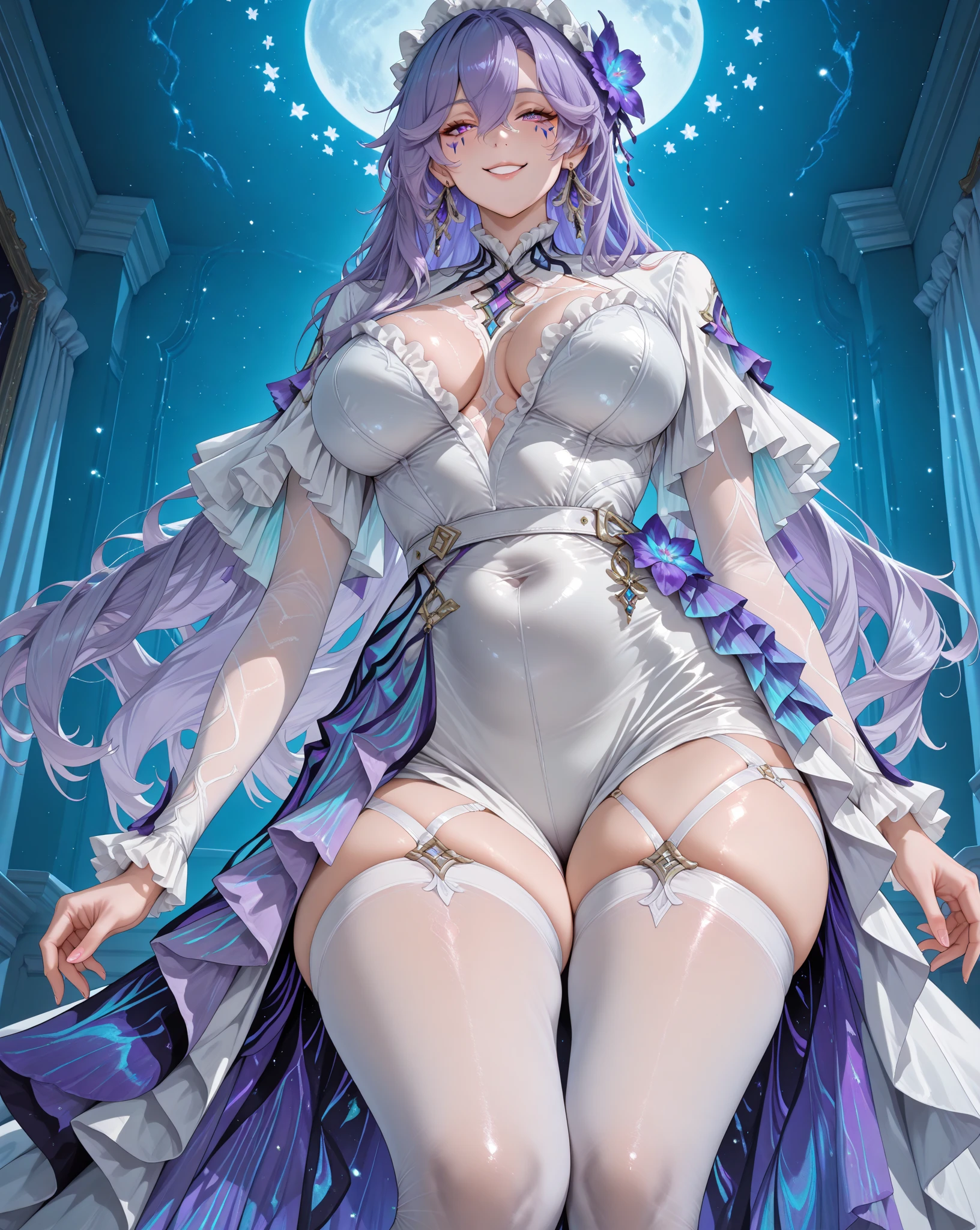 16K, Ultra High Definition, Super detailed, Shiny detailed hair, detailed face, fantasy landscape, 独奏, looking at viewer, full body shot, {{best quality}}, {{masterpiece}}, {{ultra-detailed}}, {detailed light}, ultra high quality eyes, detailed eyes, perfect eyes, large eyes, detailed purple eyes, beautiful lips, purple hair, long hair, 【custom】【Cosplay】White Dress of Albedo (overlord) Albedo&#39;s White Dress
, beautiful, skinny body, white skin, slutty, erotic, suggestive, ((nsfw))