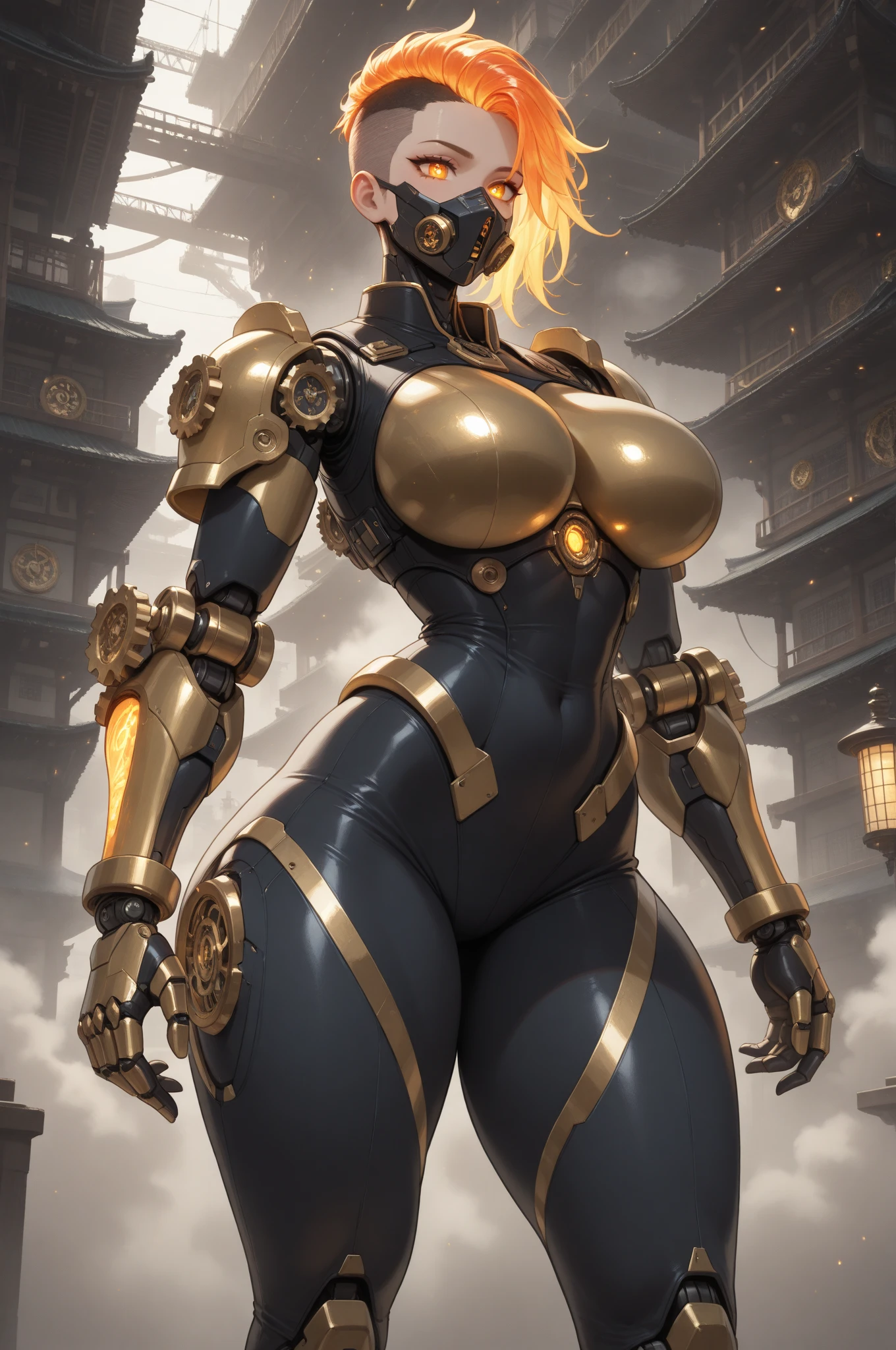 ((((Massive beautiful, buff, light brown skinned muscular paladin woman with yellow hair, black lipstick, ginormous bulky muscles and wearing full gleaming yellow paladin armored suit with tight pants)))), (close view), vascular, massive muscle, massive biceps, hyper muscle shoulders, hyper muscle triceps, (flowing long hair), gray eyes, (knight boots), metal armor, armored breastplate, gauntlets, determined look, (in a castle in heaven), snowfall, Vascular arms, hyper muscles arms, hyper muscle legs, massive buff arms.