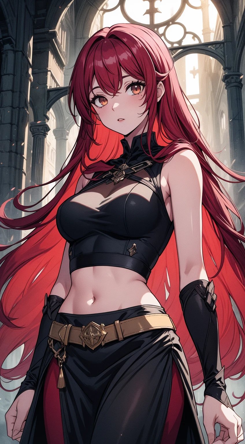 A very tall woman with braided red hair and green eyes, she would have large breasts and a muscular body, wearing dark souls-style armor but no helmet.