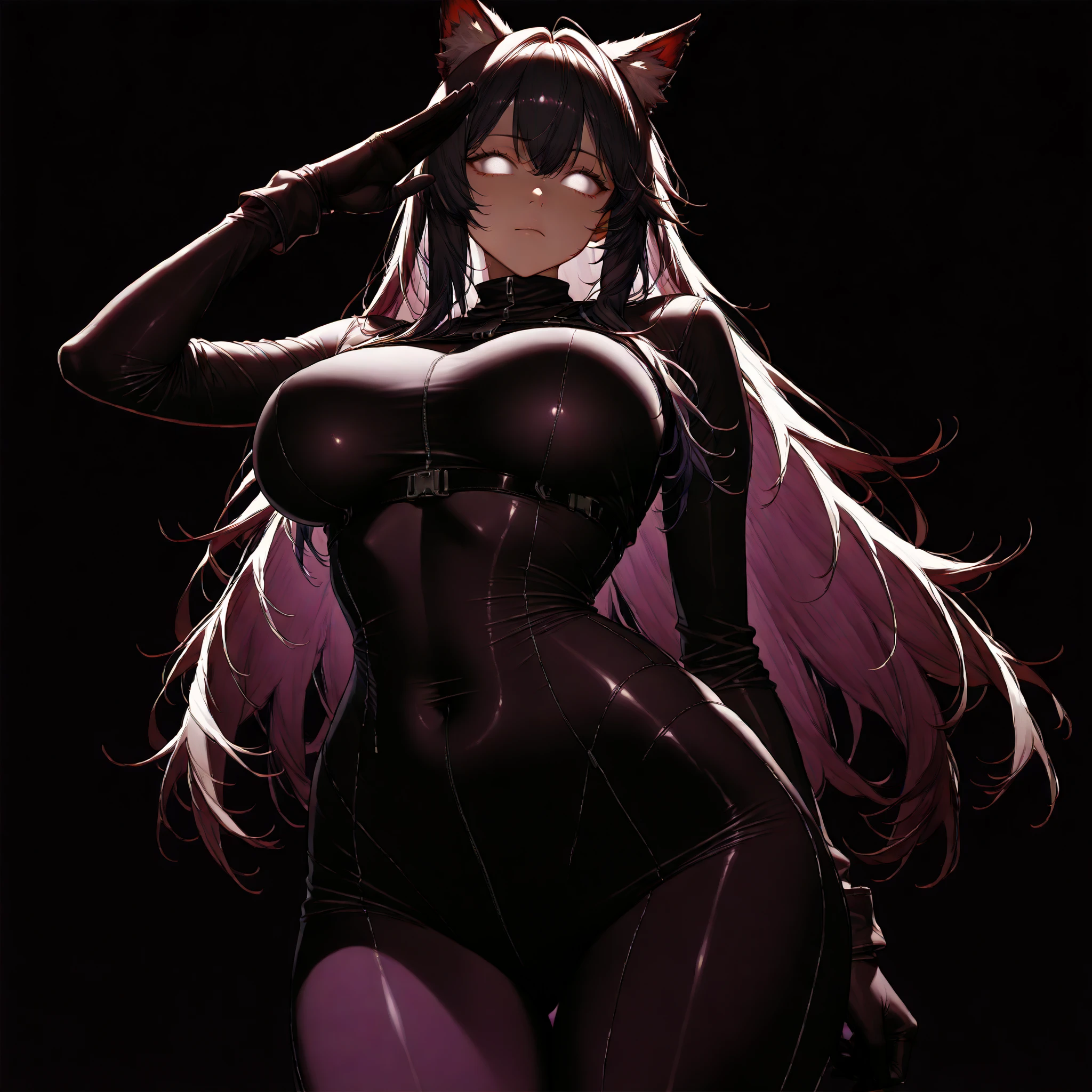 ((Highest quality)), ((masterpiece)), (detailed), (Perfect Face)、A naked woman is the devil queen Tifa Lockhart, a sexy female demon wearing a shiny black full-body bodysuit decorated with gold.、The woman is a female demon with magnificent devil horns, jet black devil wings, and a jet black tail. She is looking at the camera with a happy expression, her name is Tifa Lockhart, and she has medium long black hair and the expression of a girl in love.、The woman is Tifa Lockhart