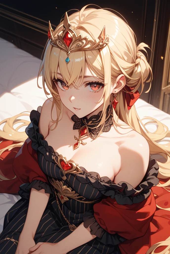 (very close up) (bent over:1.4) (butt visible:1.4) (heels) (standing) (muscular legs) (long legs) (1girl) (adult woman) (topless:1.1) (elaborate beautiful red gold dress) (ruby red chains on wrists) (girl looking at viewer intently) (ruby red halo) red rose choker, night, dark cozy bedroom, Good lighting, Shadows in the movies, very large breasts, thin waist, Long HAIR, (blonde hair), original HAIR style, Dynamic Angle, (detailed face) (dynamic lighting), (horny look) (ruby red eyes glowing with power:1.1) (ruby red leaf bracers on arms) (ruby red leaf hair piece) (elaborate ruby necklace) (red roses on bed) (red roses in hair) (stunning beautiful red eyes) night beautiful garden