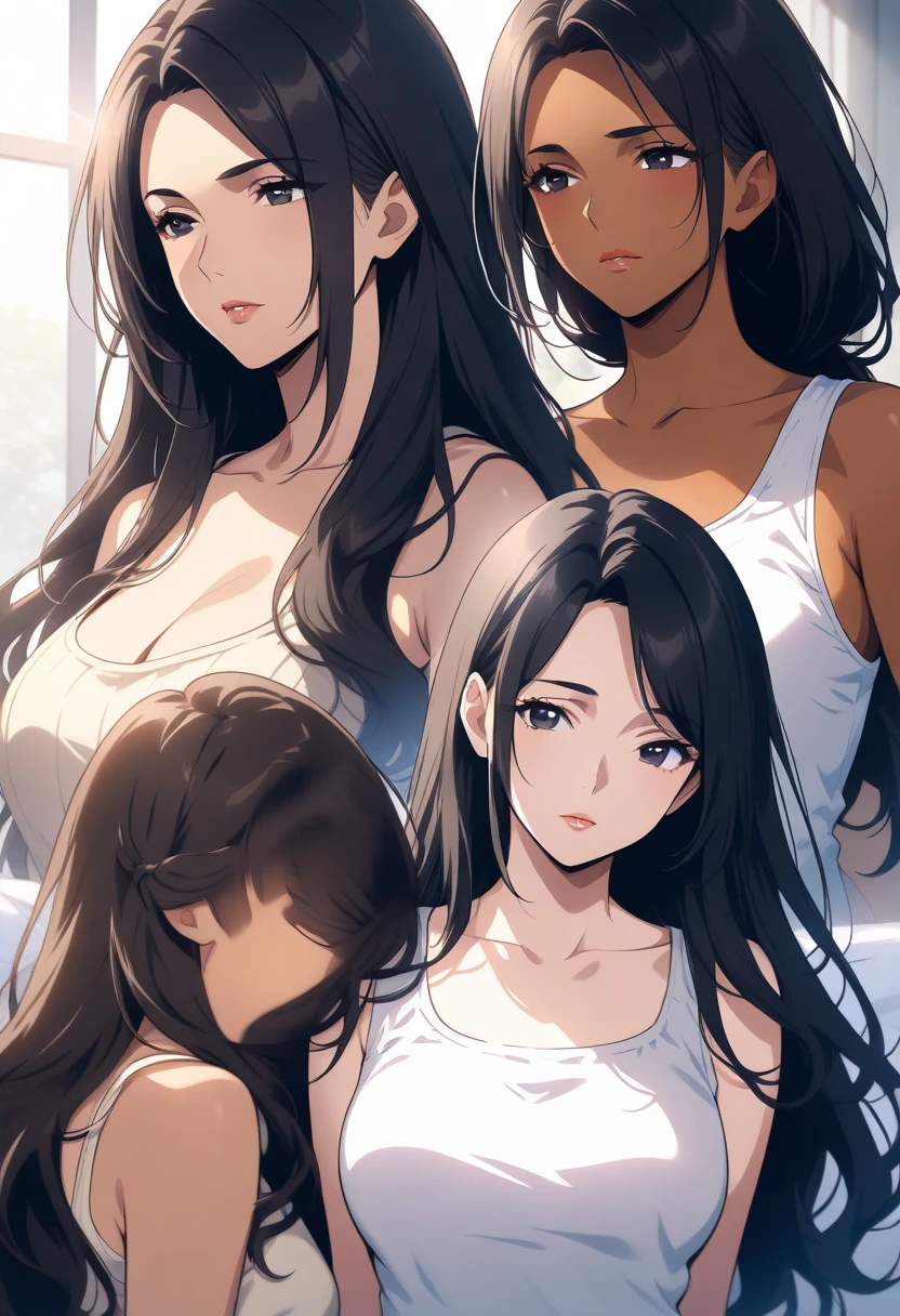 Mommy with 4 daughters,busty mature women,realistic skin, realistic breast, saggy breast, nipple out,muted colours, cold lighting, pale white skin, Nude, mature women,black hair, long hair, (hair over one eye:1.4), straight hair,hair between eyes sleepy eyes ,beautiful,charm,plump, chubby,fat, pubic hair pussy,dense pubic hair, cute shy blush on 