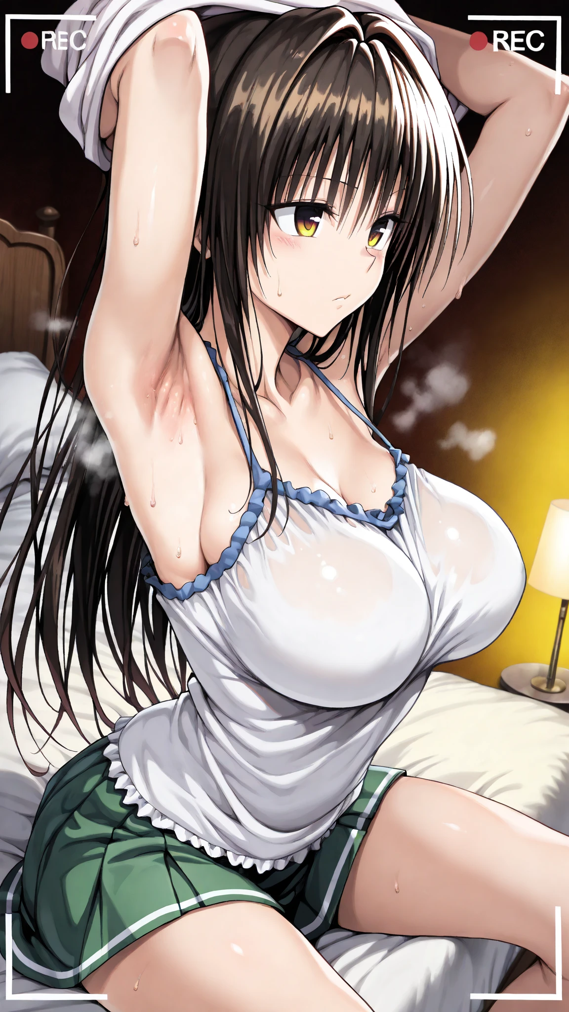 black hair,yellow eyes,(high quality eyes),(masterpiece, best quality, detailed), 1girl, solo, looking at viewer, aamahiru,hair ornament, slingshot swimsuit, frills, indoors, window, curtains, armchair, lamp, vase, tile floor, teapot, lying, on back, from above, knees up, presenting, spread legs, arms up, open mouth, wavy mouth, embarrassed, nose blush, blush, surprised, wide-eyed, sweatdrop