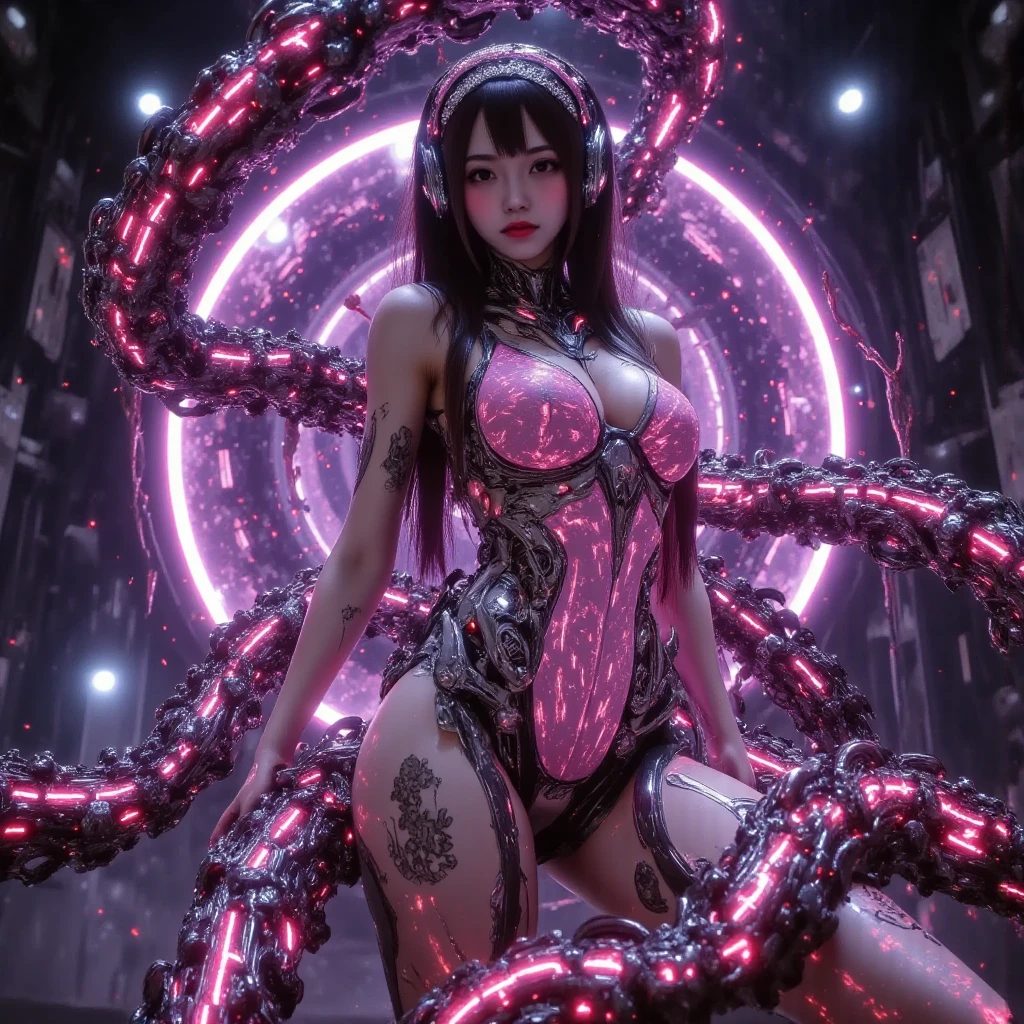 (((happy new year 2024 characters)))、cyberpunked、cyborgs、A woman wearing a costume with a dragon motif、a beauty girl、kawaii、A sexy、strong con、A slender、Luxury、A smile、The bikini、high tar concentration、Highly colored、paisley、head gear、mandalas、Near future、Neon light、Heaven、((The dragon))、factor、Spiral Light