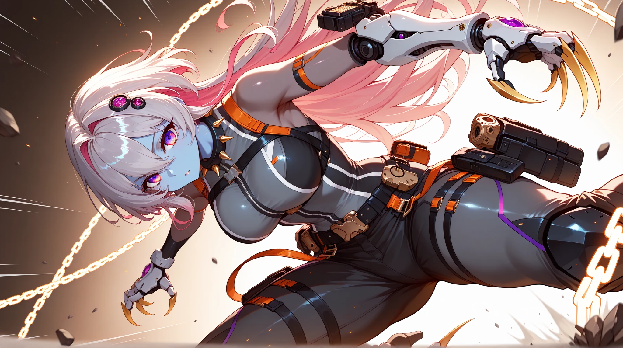 cyber punk personage ，femele，Yellow curly hair，Huge cleavage