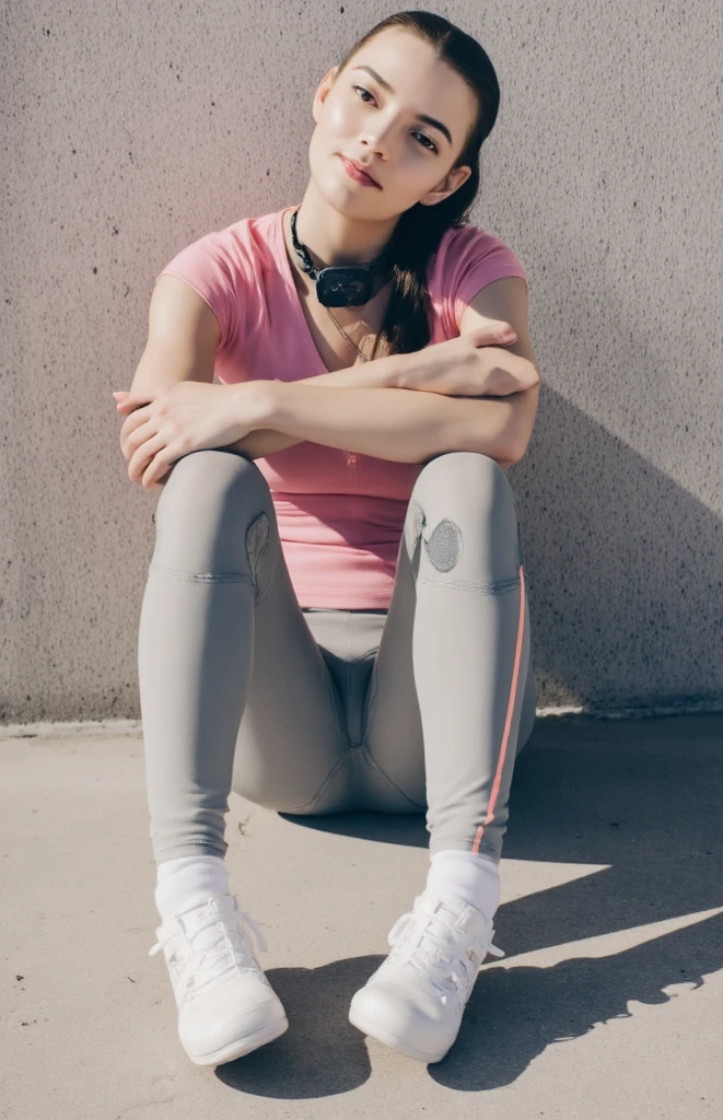 ((best quality)), ((masterpiece)), ((realistic)), 11-year-old girl, teen girl, short girl, cute face, mesmerizing blue eyes, short straight dark hair, extremely detailed, natural skin tone, big breast, skin with pores, wearing tight turqoise leggings, wearing turqoise long sleeves sweatshirt, sweater, portrait, full body shot, fit body, wearing pink shoes, front view, cameltoe, one leg up, open legs, knee down,shallow depth of field
