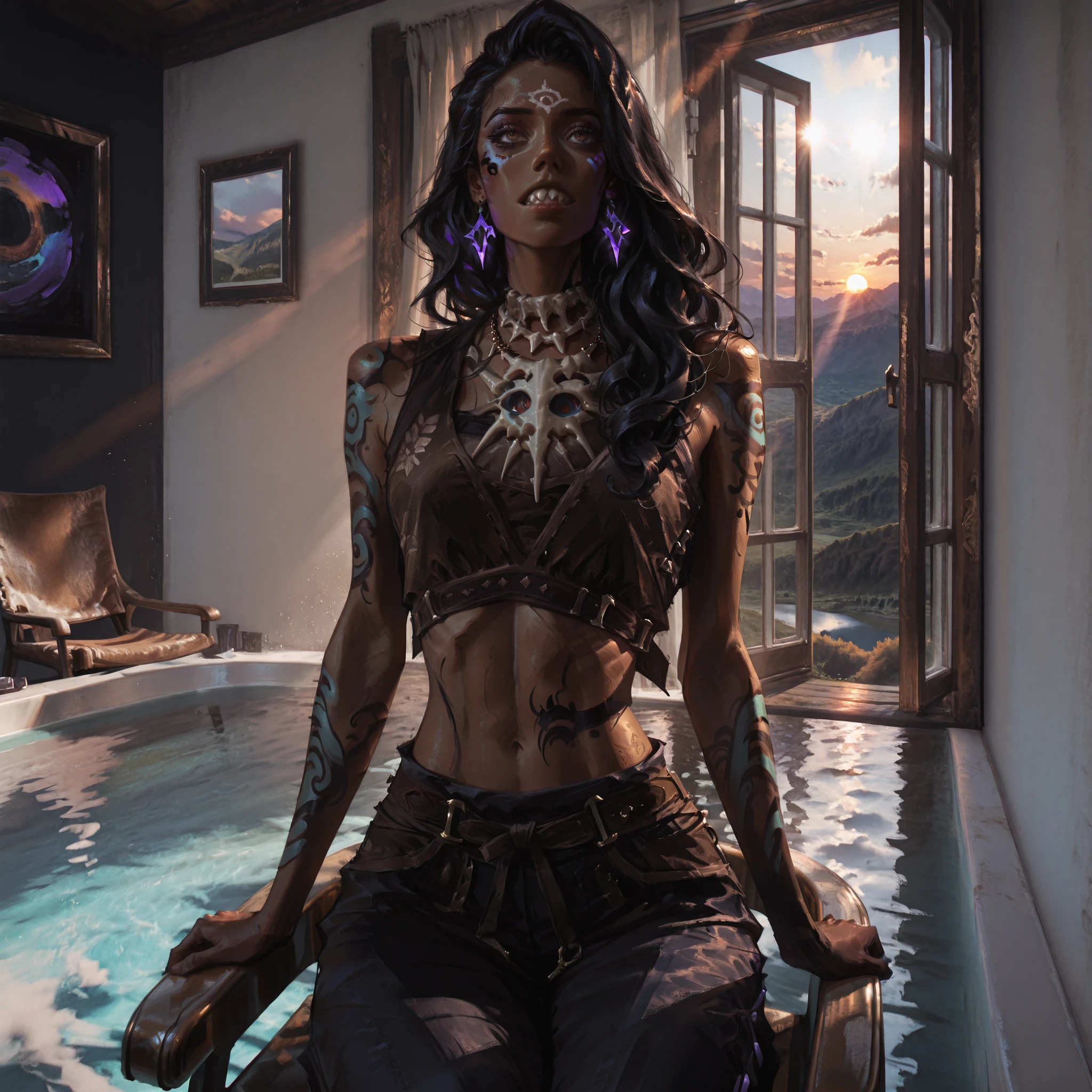 artist: wlop, masterpiece, best quality, illustration,( a young woman with brown skin), curly black hair, long hair, brown eyes , voluminous side parted hair, detailed face, black and brown sleeveless outfit , elegant warrior top and bottom set showing stomach , wearing purple earrings, wearing bone teeth necklace , bare_stomach, fantasy, perfect anatomy, detailed, lighting, colorful, slim body, fit body, ideal ratio body proportions , tall , Realistic Shadows, detailed face, detailed eyes, epic, highly detailed, illustration style background, cinematic background, cinematic lighting, detailed eyes, Official Art, face focus, eye focus, high resolution, cinematic, perspective, dark tones, warm tones, scenery background, pose, 8k, landscape, (official art), (scenography), (the Extremely Detailed CG Unity 8K Wallpapers), perfect anatomy, detailxl, SoulFightersStyle-IL.V1.0, SoulFightersStyleSplashArt-IL.V1.0, simplistic style , warm weather, sitting on fancy chair, lavish tribal inspired room, lavish and extravagant African inspired room, sun shining through open window, environment lake painting in background, sly facial expression, scheming facial expression, 6 pack abs, defined 6 pack, black and dark blue tattoos,