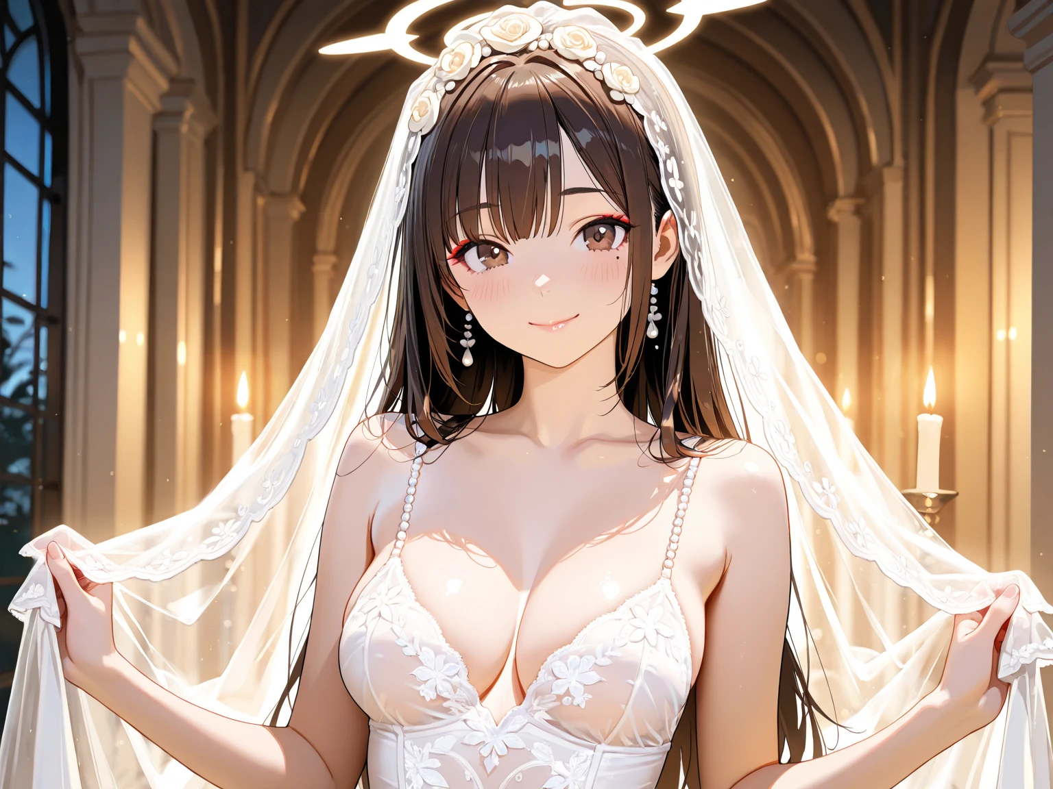 Highest quality、high resolution、High definition、HD、((church、Stained glass))、(Nitta Minami、Long Hair、Medium chest、Brown Hair、Brown eyes、Glossy lips、Glowing Skin、Realistic skin texture、((White wedding dress、gloves)))、Staring at me、Love me、blush、(Laughing with your mouth open)、(Very close to me)