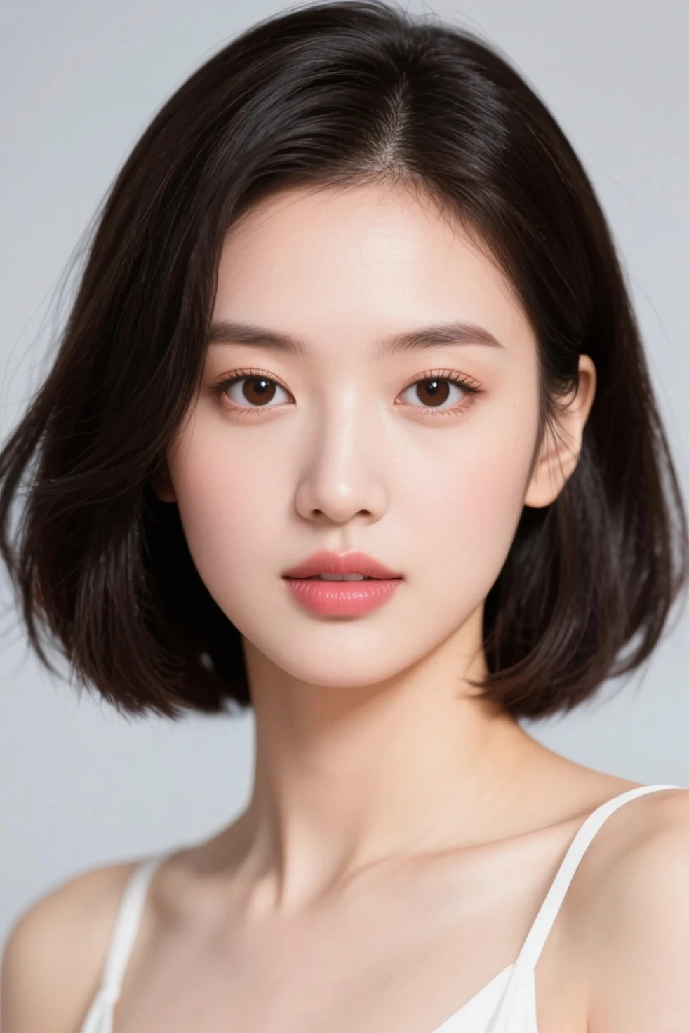 ((top-quality、in 8K、masterpiece:1.3))、((foco nítido:1.2、Beautiful bachelorette in perfect style、One Woman Man:1.4、Attractive body :1.2))、bustup:1.2、((dark brown hair、Very short bob hair、large full breasts:1.2))、(natural soft light)、Highly detailed facial and skin texture、kawaii faces、A detailed eye、(a closed mouth)、extra detailed body、(White skin with blood vessels showing through)、(detailed bust) 、Black costume