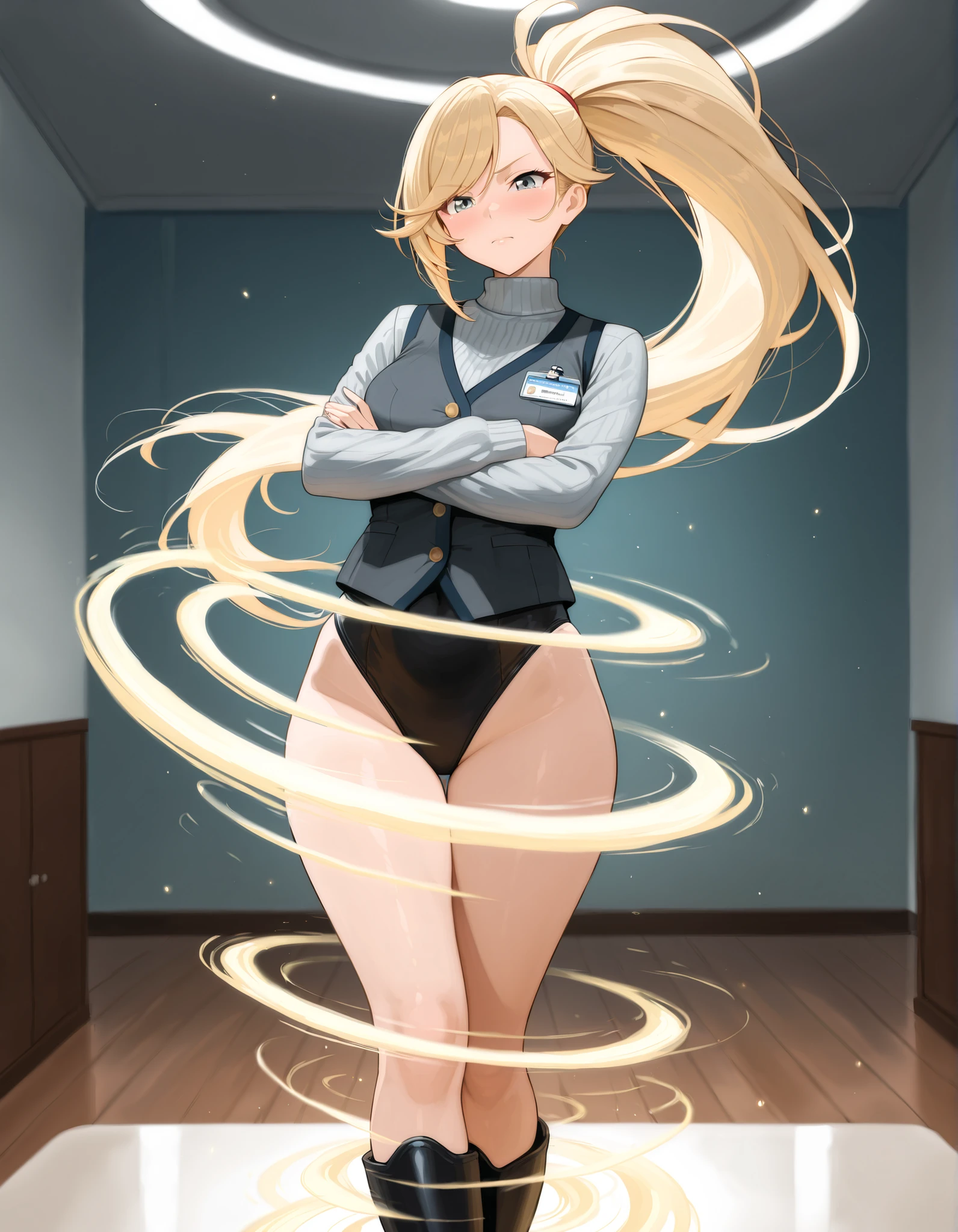 (masterpiece:1.1, best quality),1girl, white shirt, loose clothes, thick thighs, ((bottomless)), no panties, full body, (shortstack), smile, <lora:BokumanArtistY-20:0.8>,silver mini crown, solo, dynamic pose, blue eyes, lips, earings, perfect face, hand behind head, seductive smile,
blue necktie, princess Rosalina, platinum blonde hair, hair over one eye, small breasts,