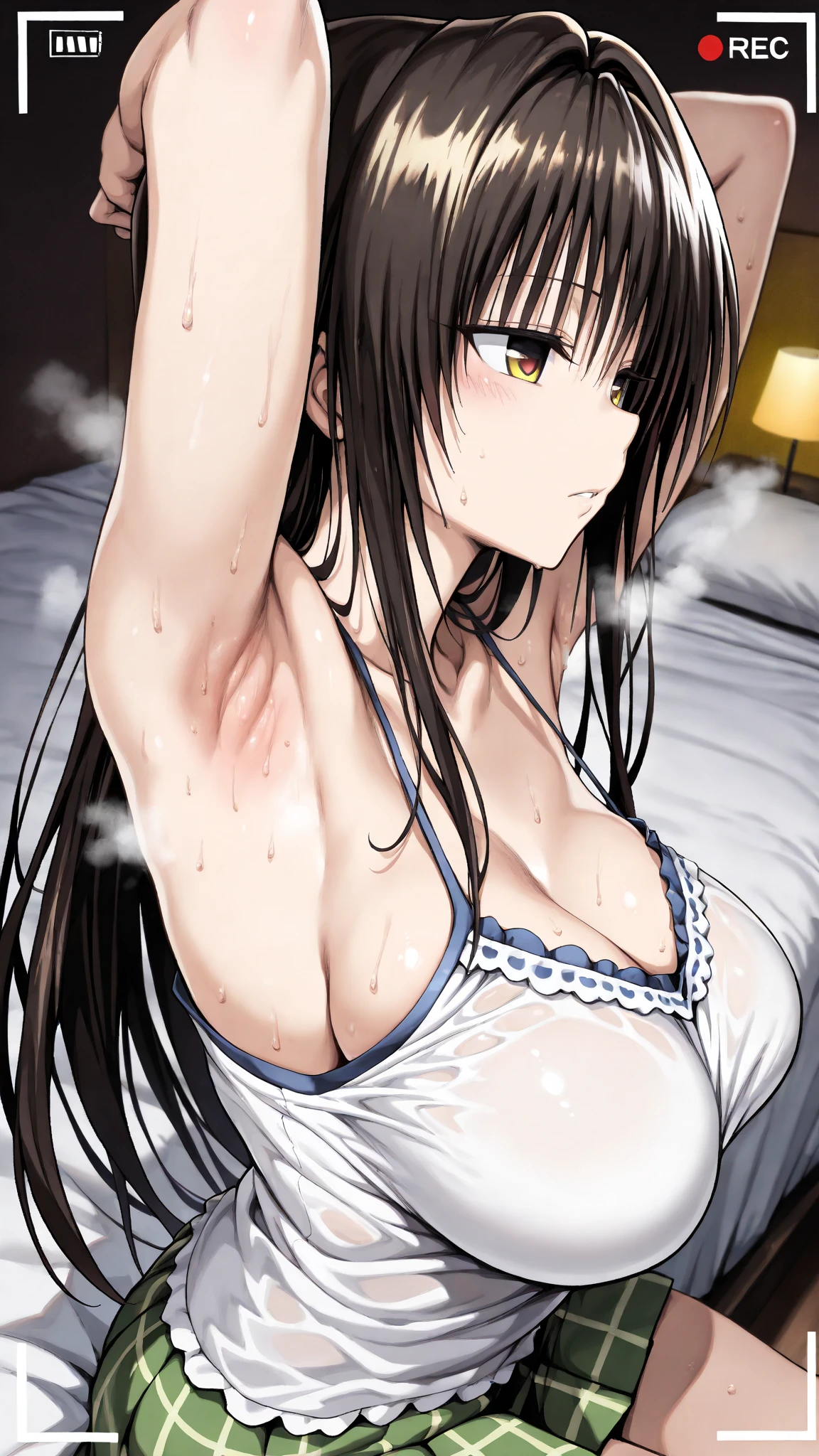 1boy, buzzcut, blush, muscular, topless, white shorts, open arms for viewer, hug, buzzcut boy_on_top, lying, black eyes, 1girl, bangs, bed sheet, black hair, blush, breasts, medium breast, gym short sleeve white shirt, gym shorts, shirt lift up, white bra, white panties, medium breast, parted lips, cowboy shot, groin, lying, medium breasts, on back, face to face, passionate hug, kiss, girl_on_below