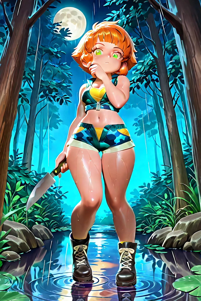 A adventurer woman (yuna, muscular, lean, sweaty, big butt, sexy explorer outfit) is using a machete to clear a path through a dense alien forest, tentacle vines reach from trees