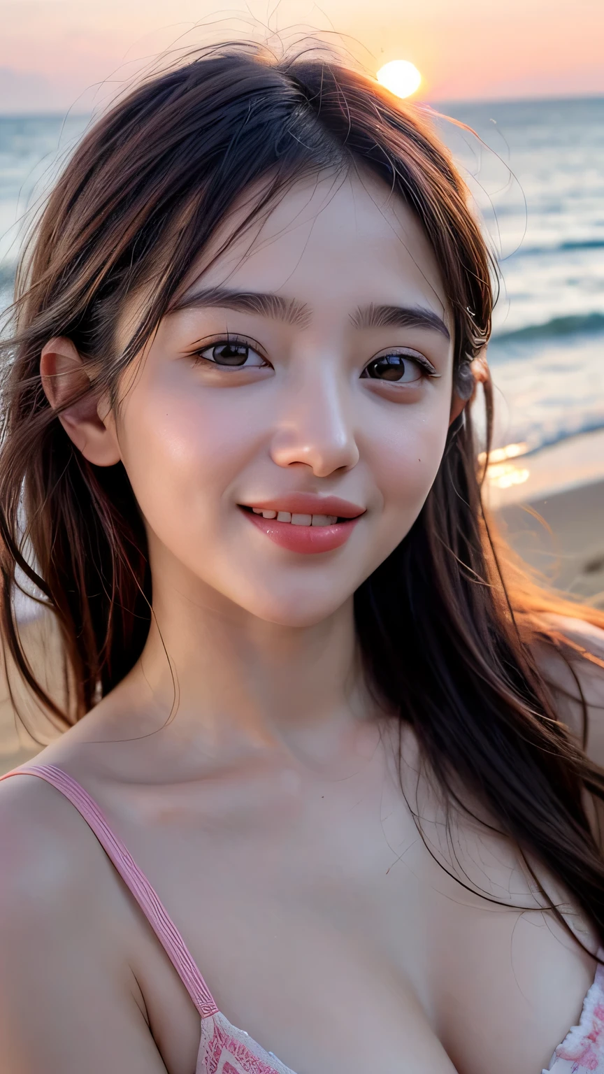 ((top-quality、Top image quality、超A high resolution))、18year old、独奏、((small tits：1.1))、flat breast、small tit、cute smile face、with round face、blondehair、Short ponytail、childlike 、Ultra-detailed and beautiful skin、Realistic and beautiful skin、Sandy beach and blue sky on background、Pink Micro Bikini、Super detailed and beautiful face、Young models