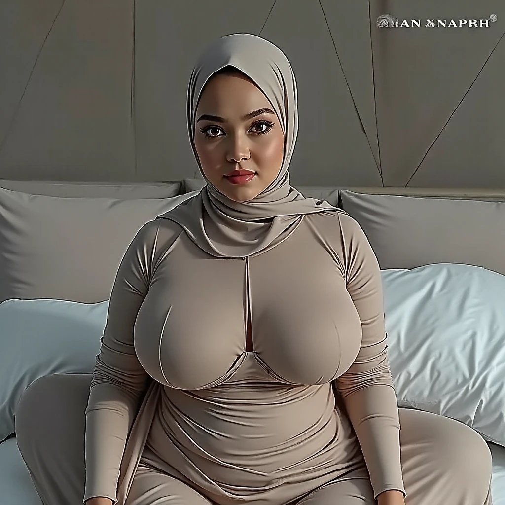 Naked beautiful women, wearing black hijab, nice boob, little plump body, face during sex sensation, naughty smile, wet body with sweat, full body, fetal position
