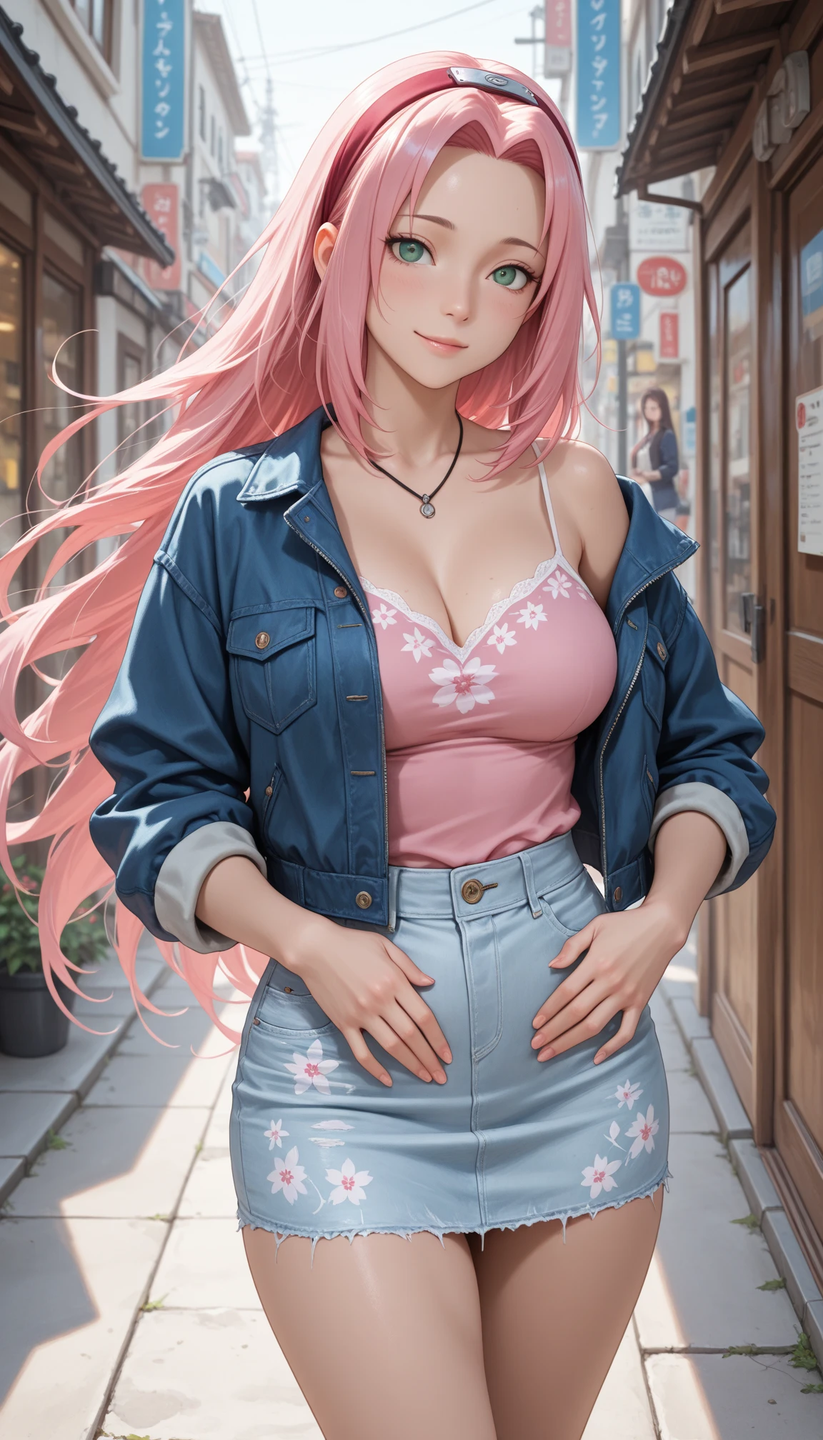 teens girl,denim short,Denim short sleeves,Pink coat,A pink-haired,largeeyes,Background spring,Flowers all over the ground,the cherry trees,((Best picture quality, 8K, tmasterpiece:1.3)),Playful expression,Dynamic action,(Head-to-body ratio of 1/2:1.3),wearing hat,Cat ears,Costume decoration,Bring a tote bag,Crop topping,cleavage,